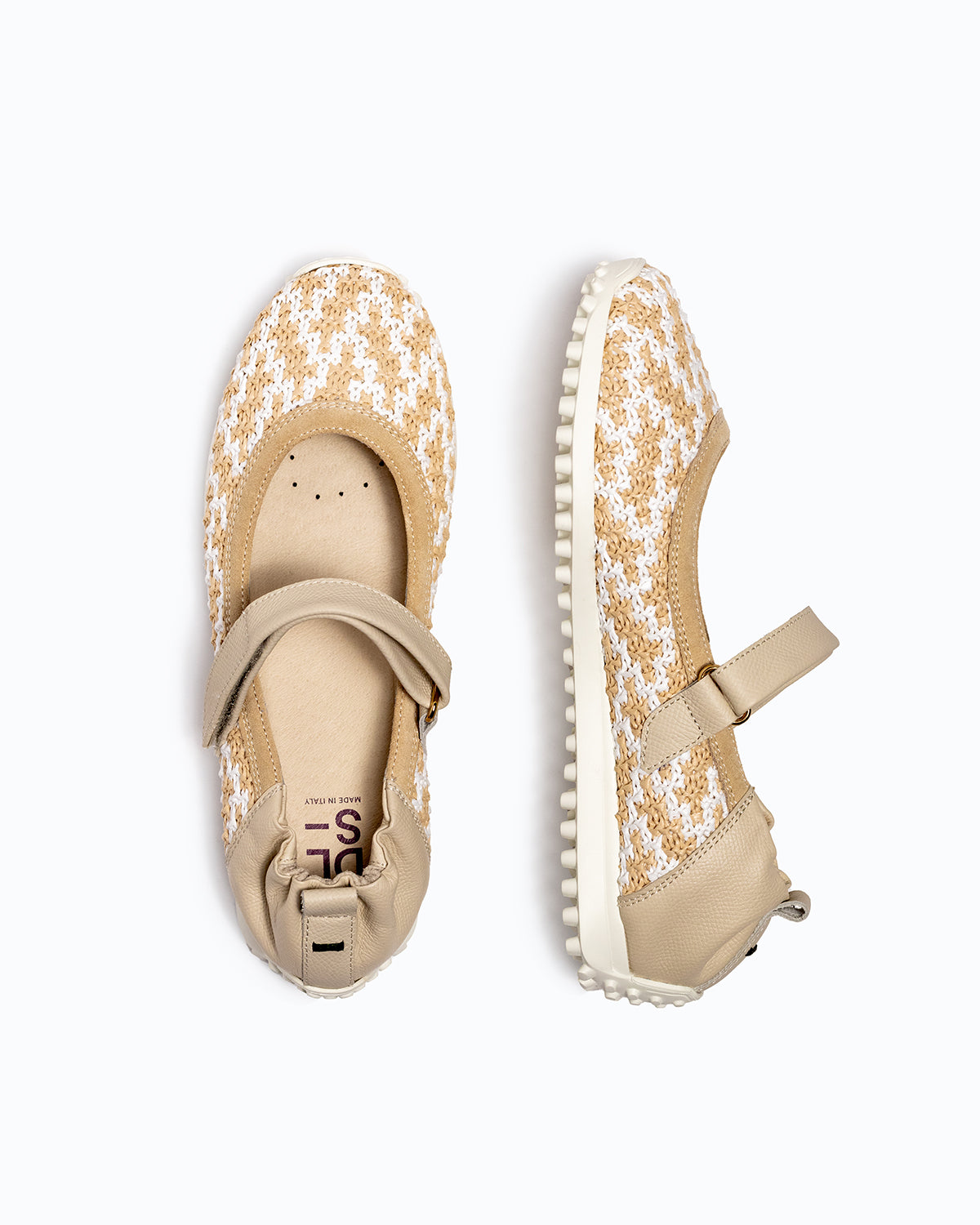Beige, white velour and woven fabric DLS ballet flats, shown in a studio still life.