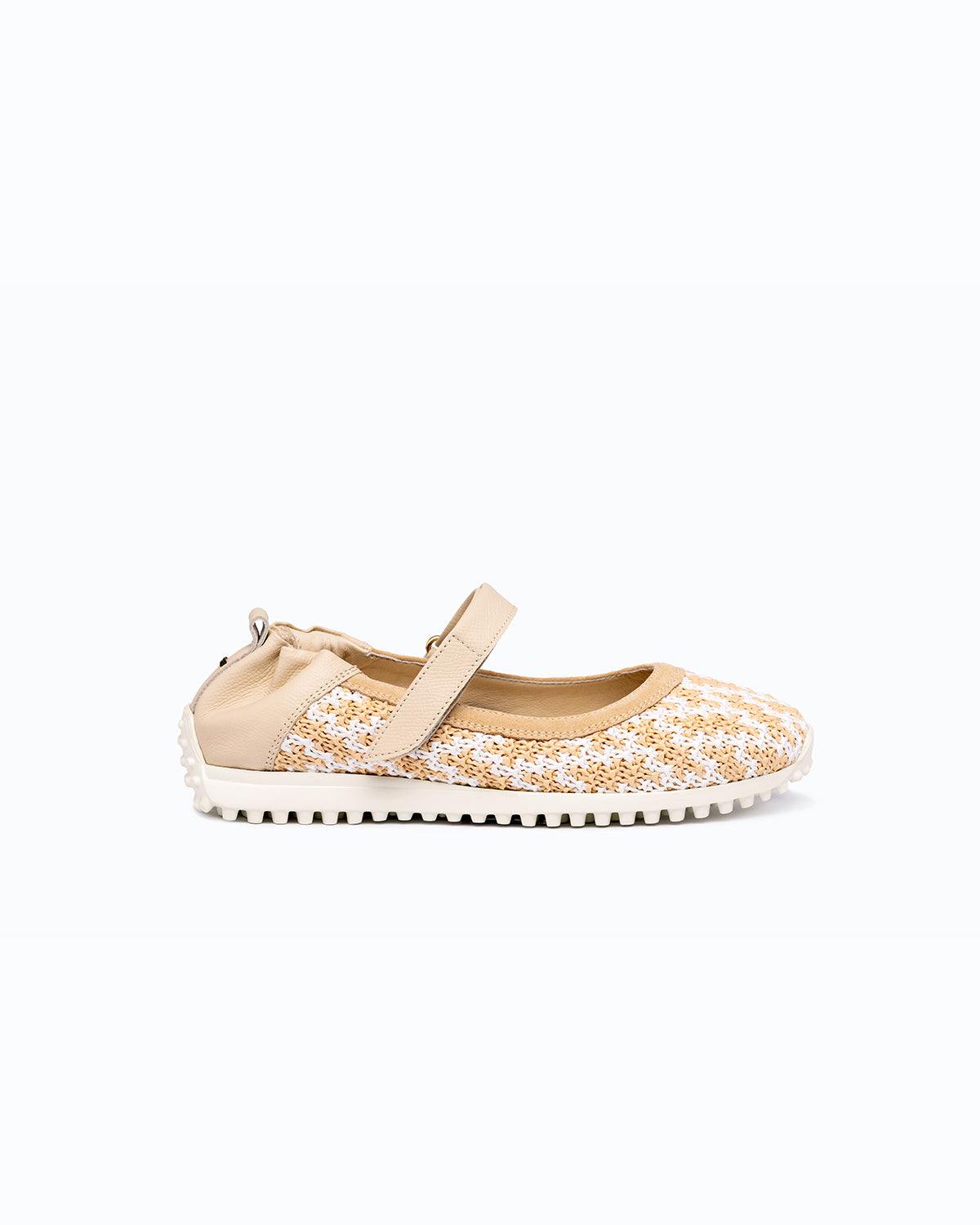 Beige, white velour and woven fabric DLS ballet flats, shown in a studio still life.