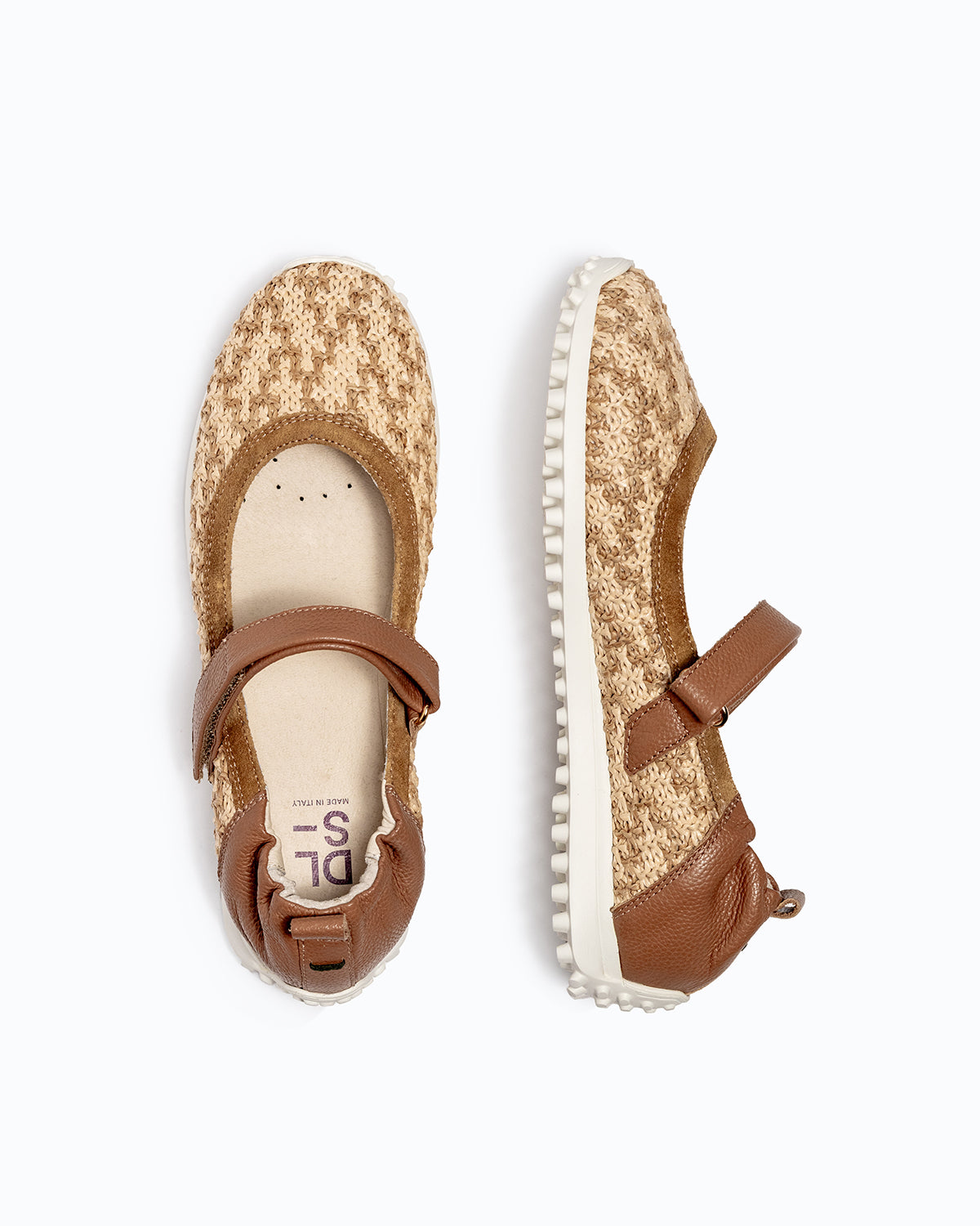 Brown, beige velour and woven fabric DLS ballet flats, shown in a studio still life.
