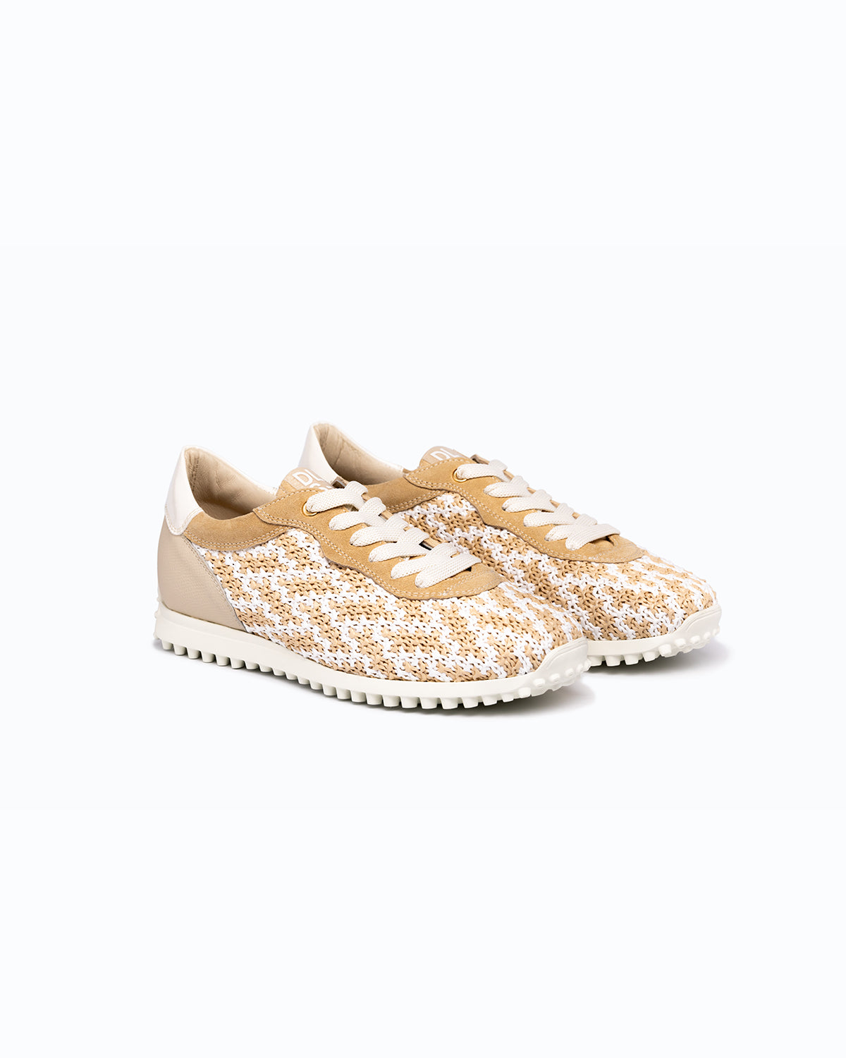 Beige and white velour and woven fabric DLS sneakers, shown in a studio still life.