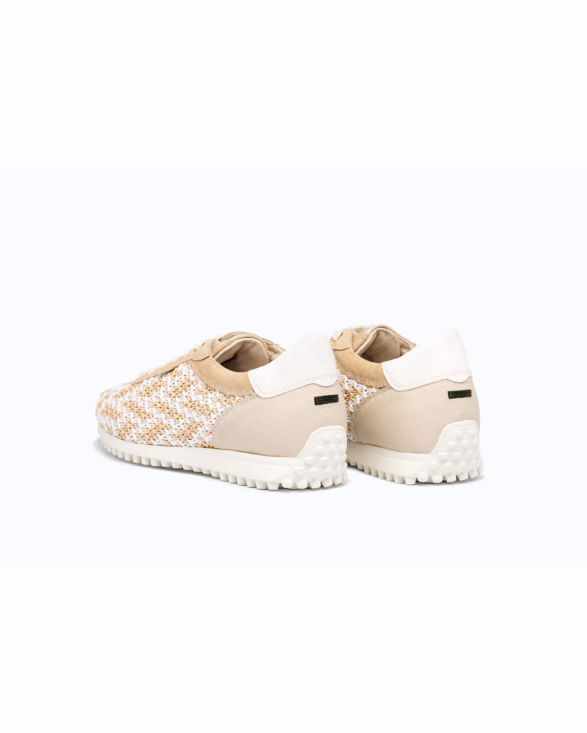 Beige and white velour and woven fabric DLS sneakers, shown in a studio still life.