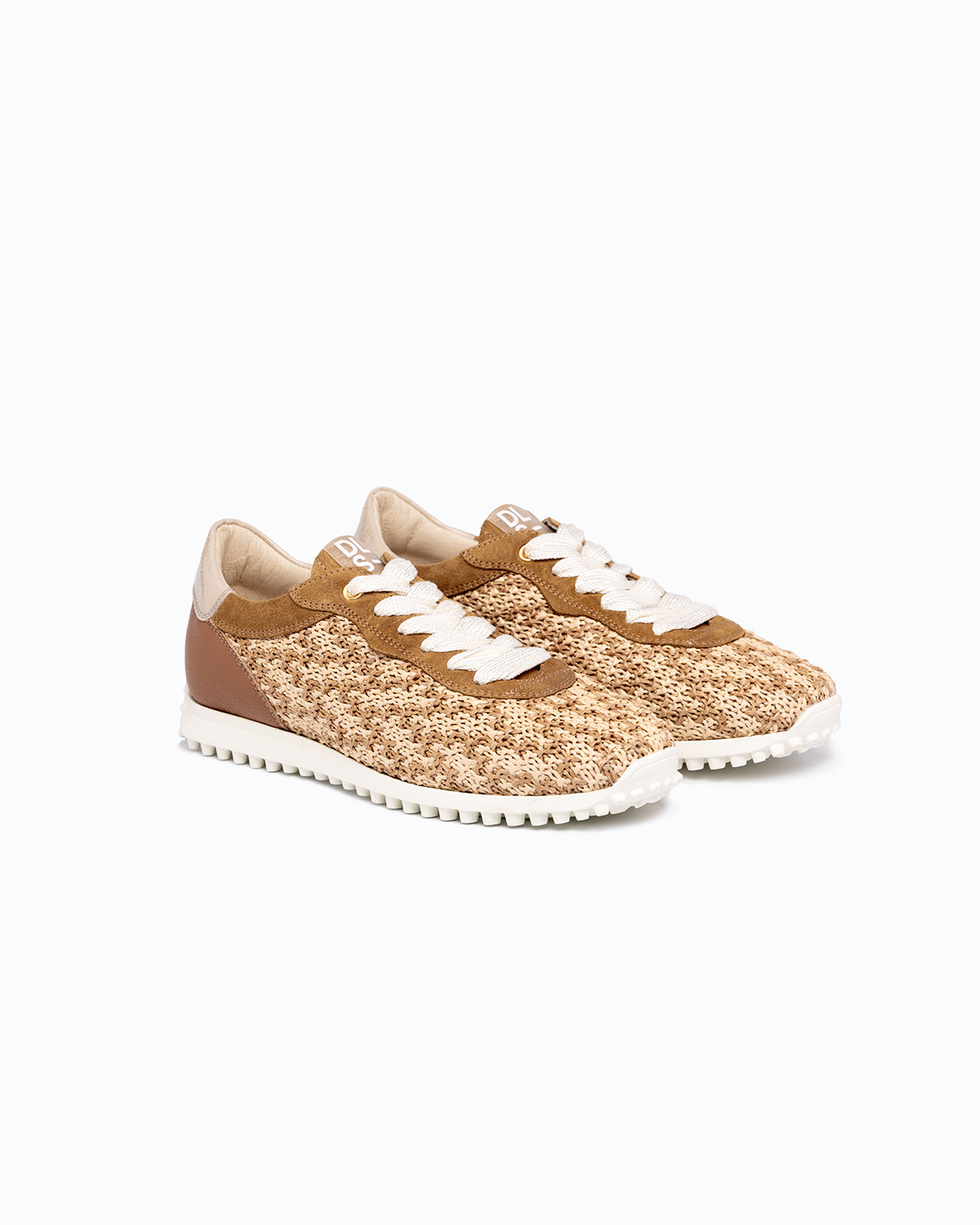 Brown, beige velour and woven fabric DLS sneakers, shown in a studio still life.
