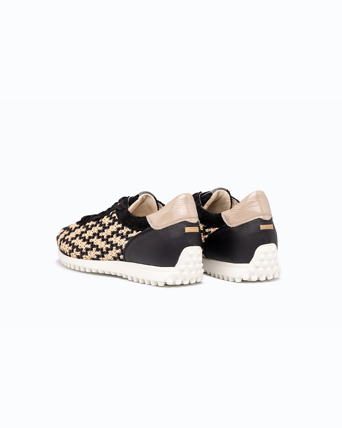Black, beige velour and woven fabric DLS sneakers, shown in a studio still life.

