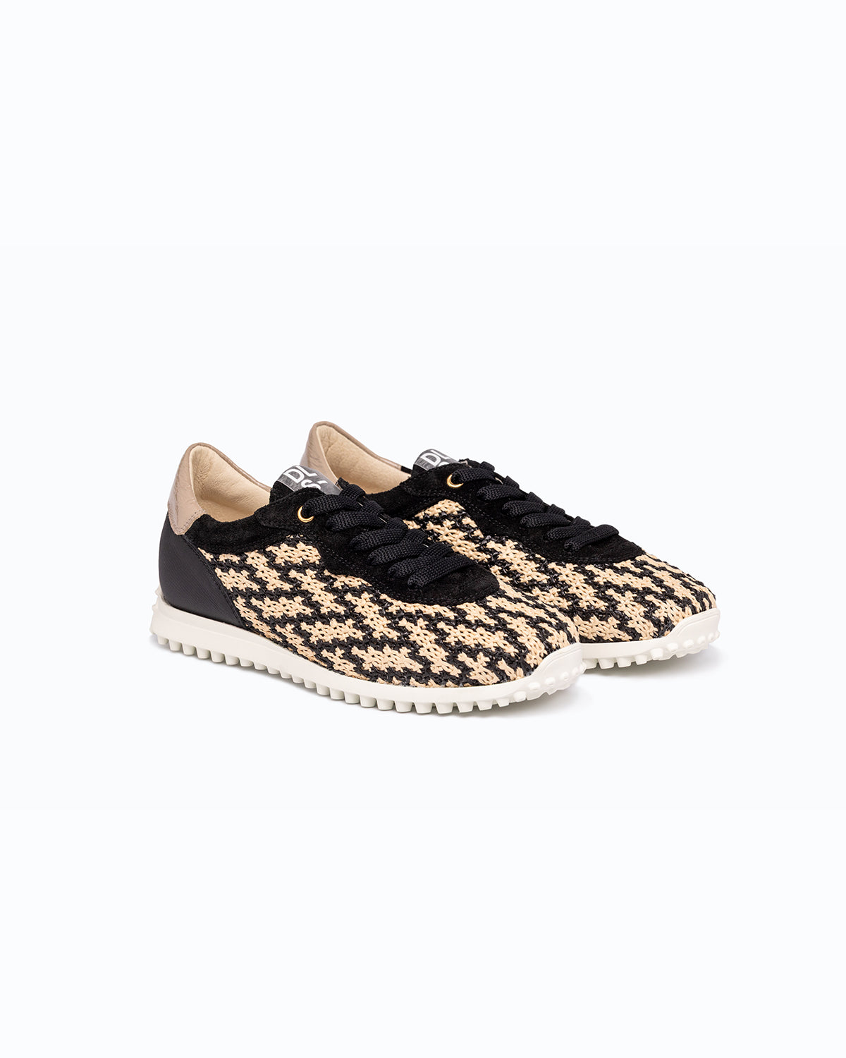 Black, beige velour and woven fabric DLS sneakers, shown in a studio still life.

