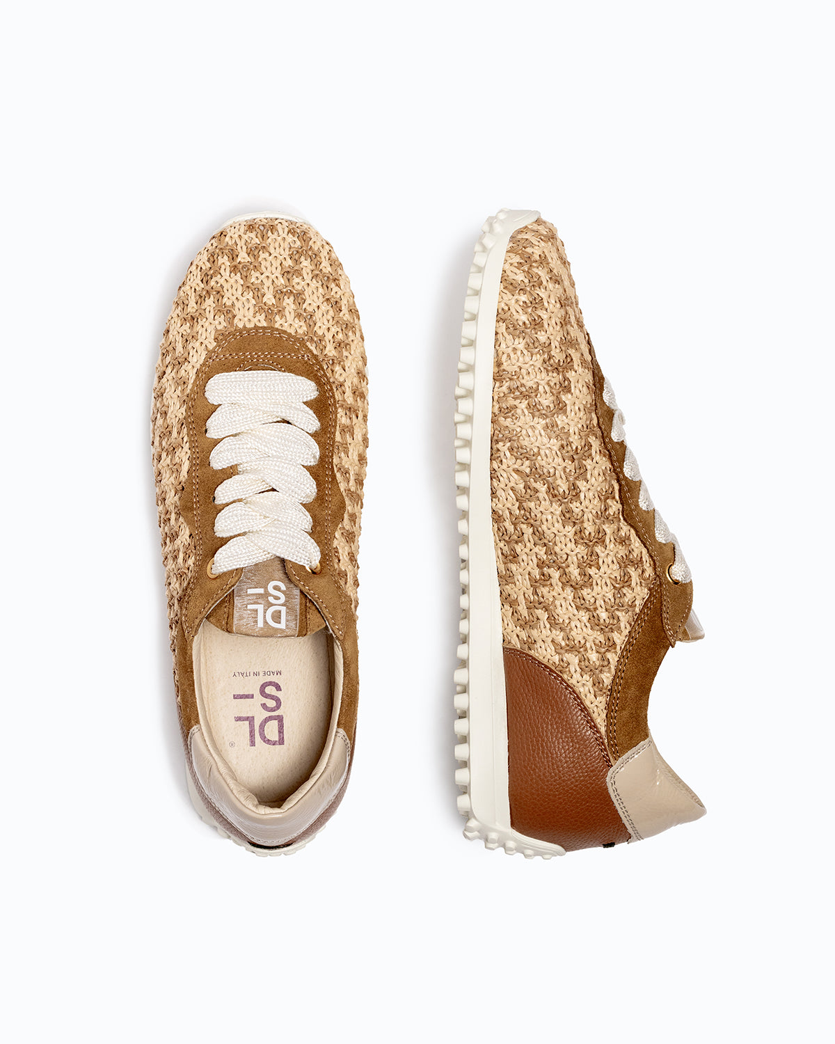 Brown, beige velour and woven fabric DLS sneakers, shown in a studio still life.
