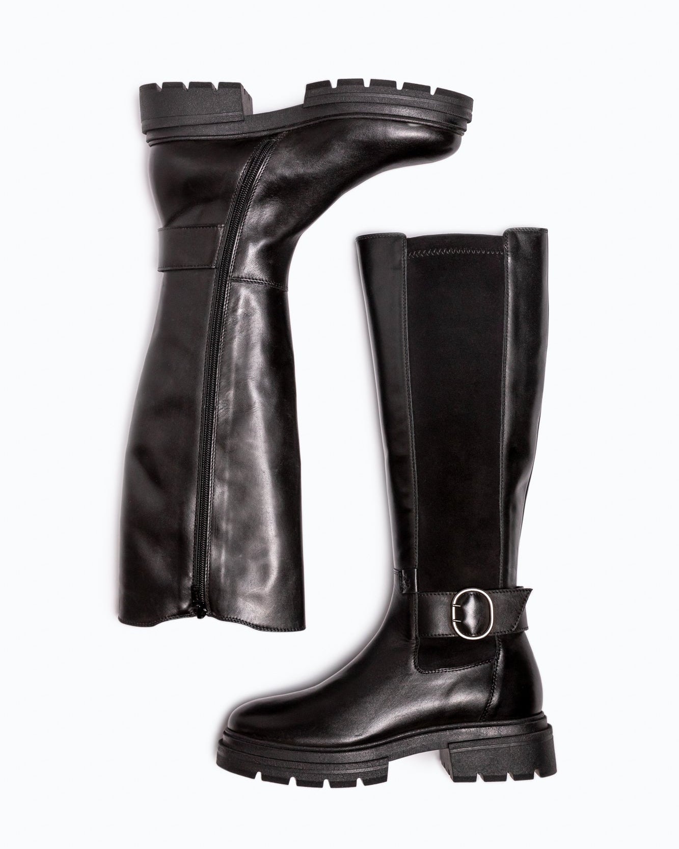 Black nappa leather DLS boots, shown in a studio still life.