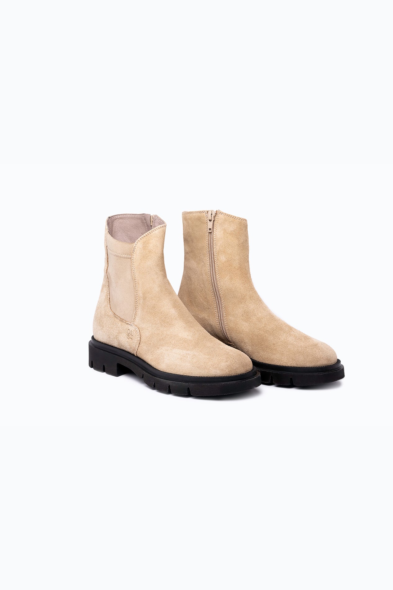 Black, brown velour DLS ankle boots, shown in a studio still life.