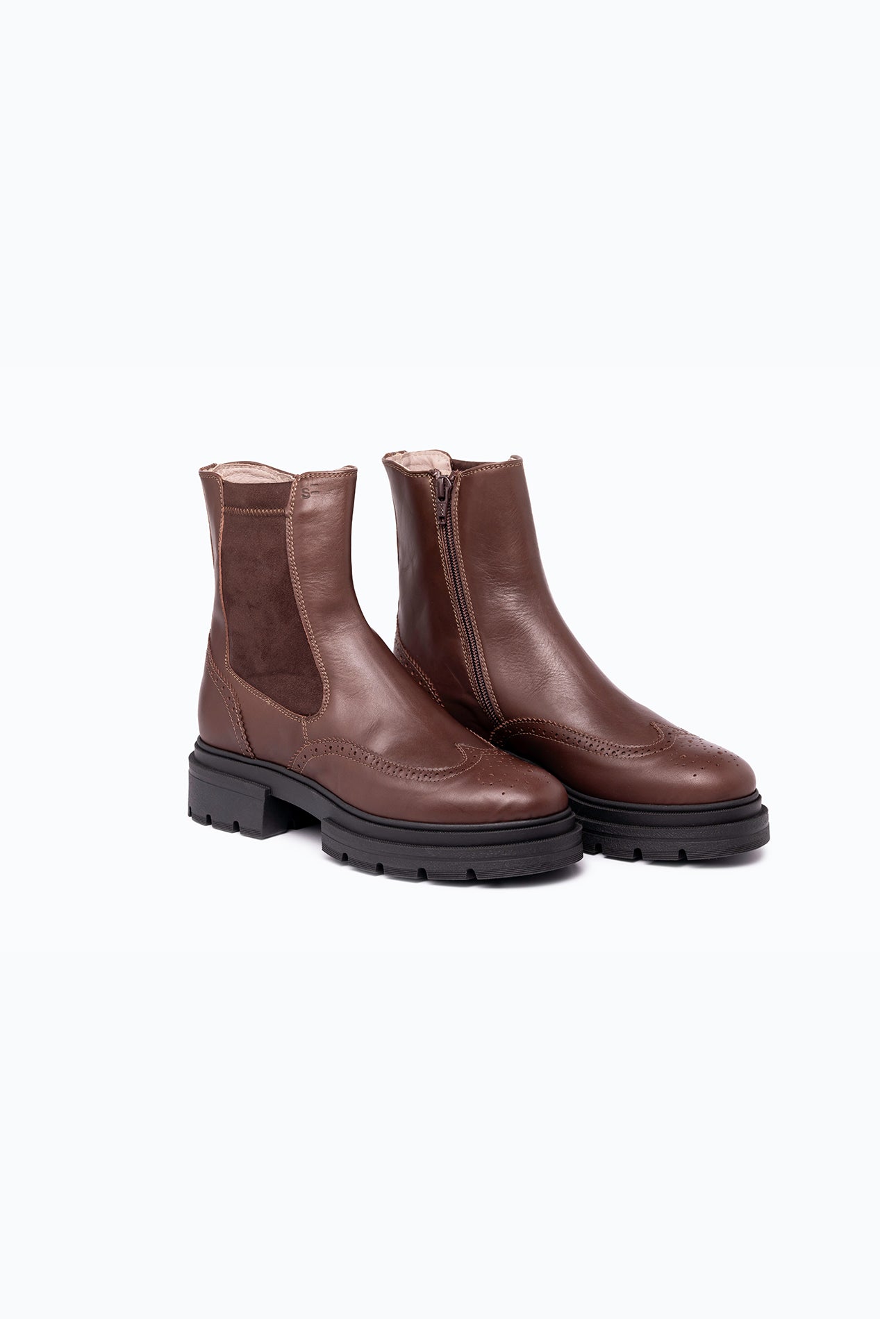 Black, brown velour DLS ankle boots, shown in a studio still life.