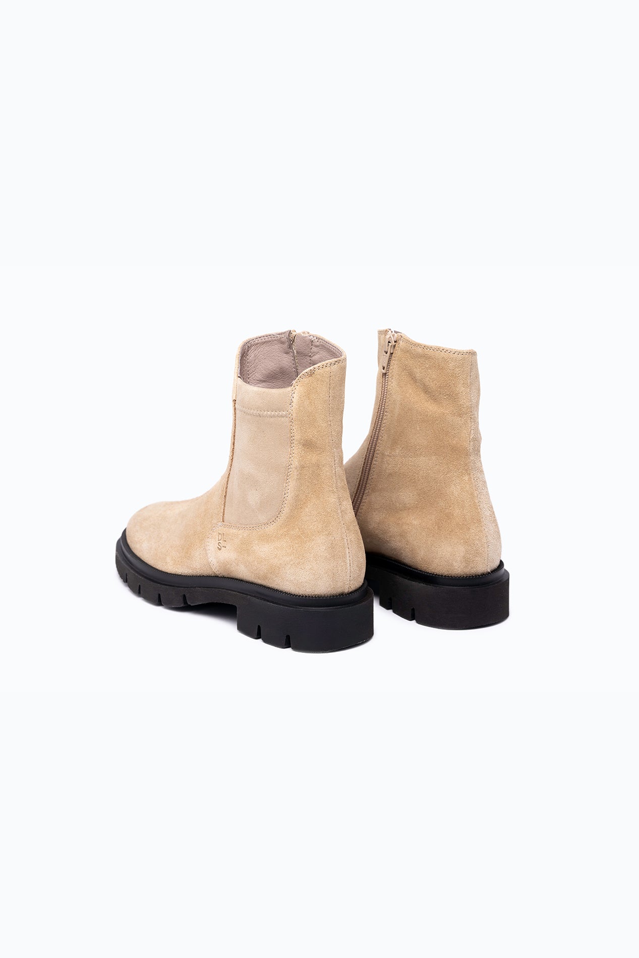 Black, brown velour DLS ankle boots, shown in a studio still life.
