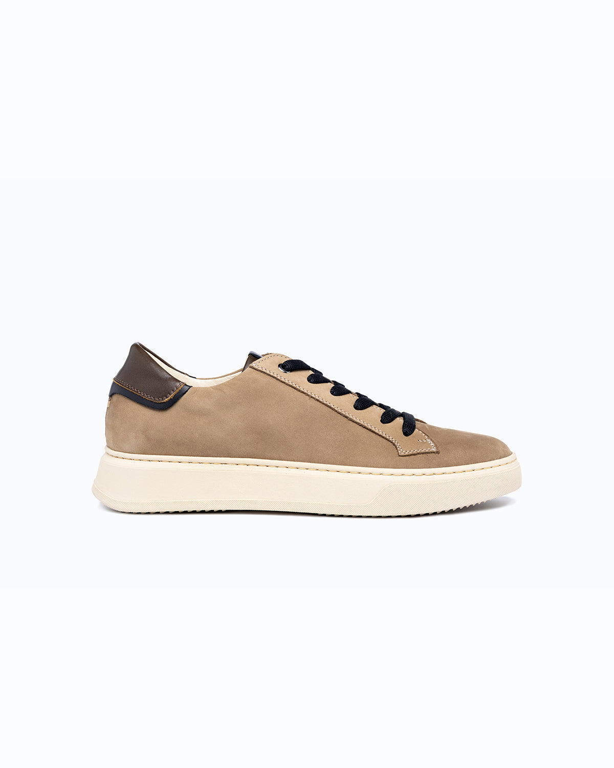 Beige, brown nubuck and nappa leather DLS sneakers, shown in a studio still life.
