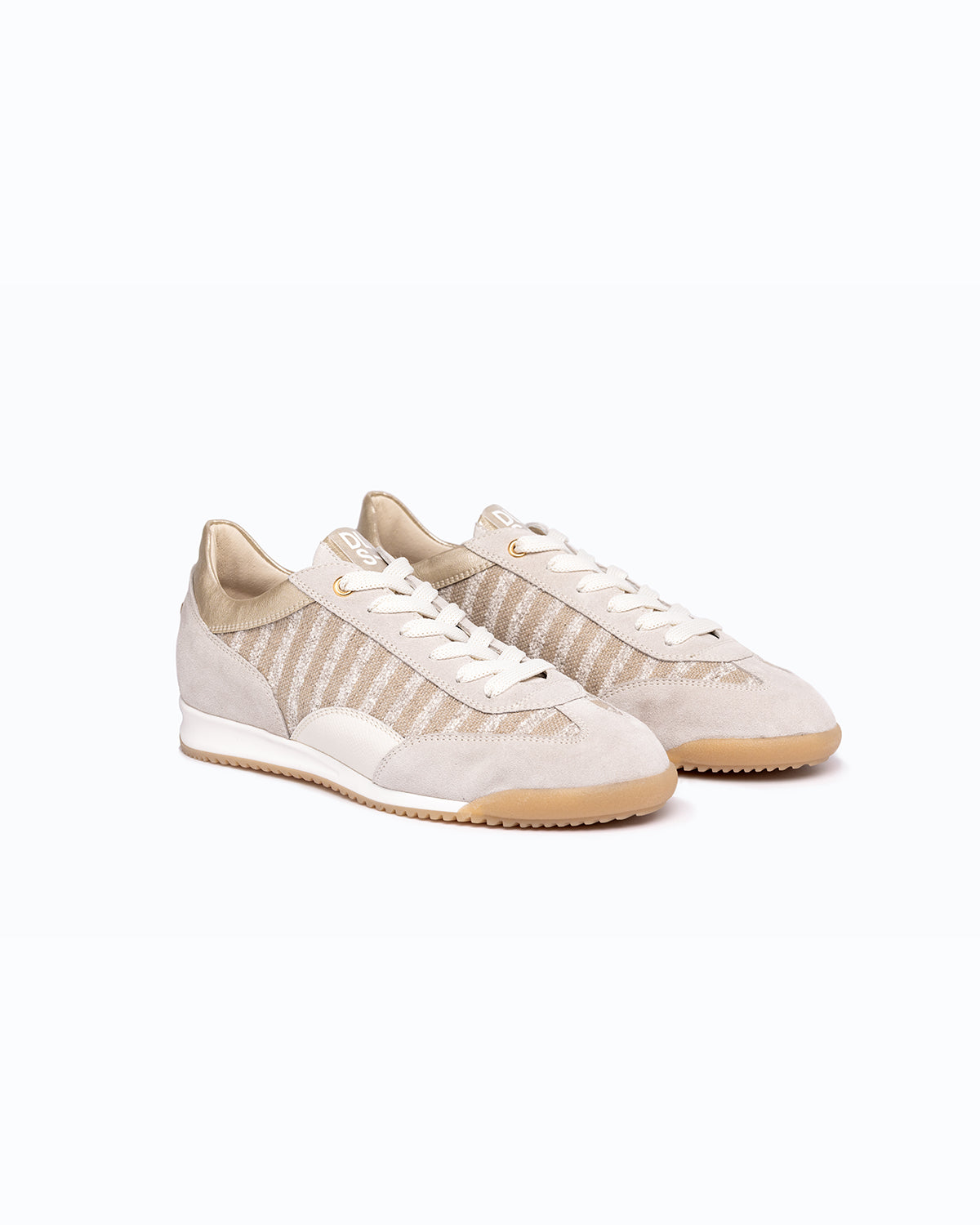 Off-white, platinum velour and woven fabric DLS sneakers with side zip, shown in a studio still life.
