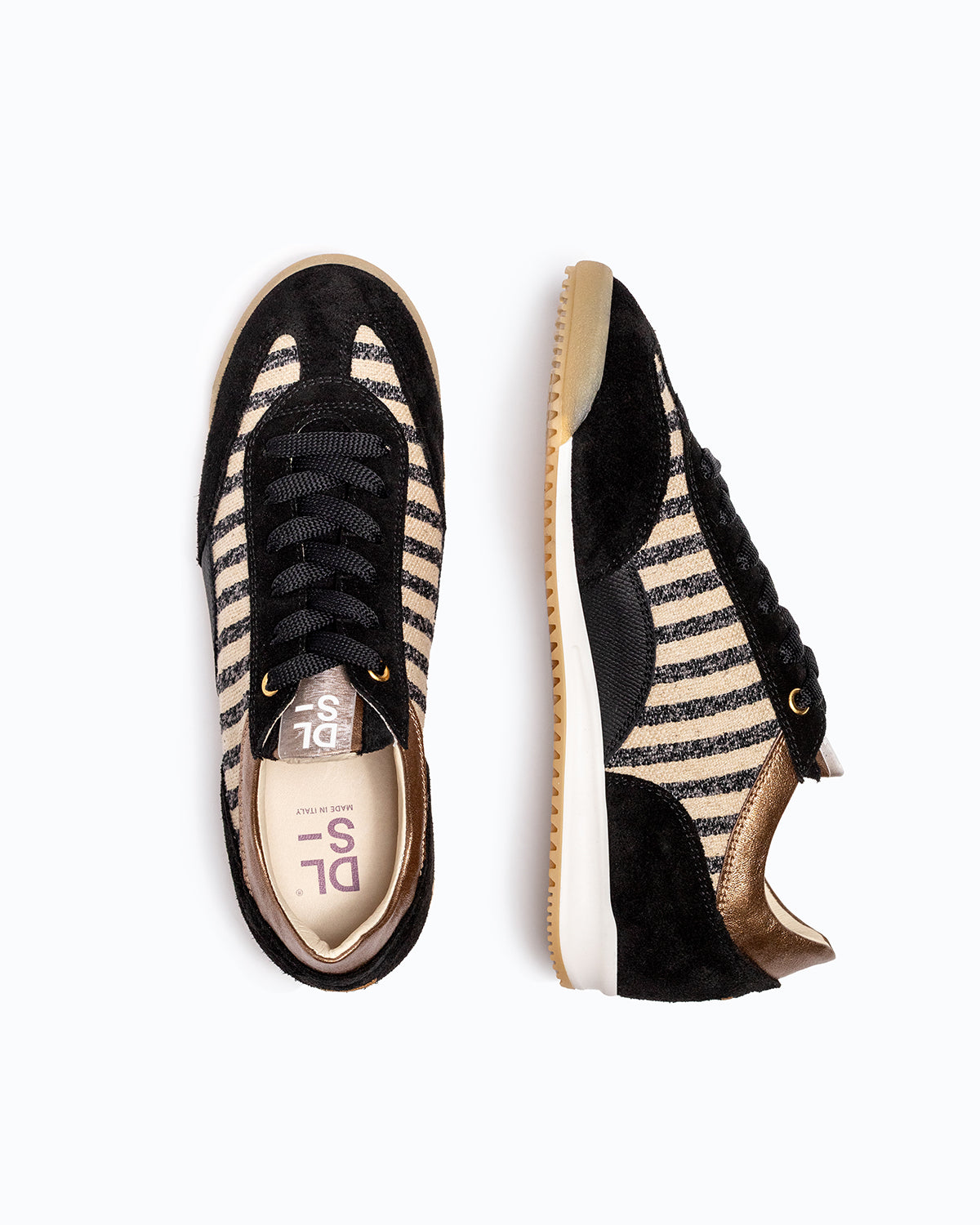 Black, bronze velour and woven fabric DLS sneakers with side zip, shown in a studio still life.