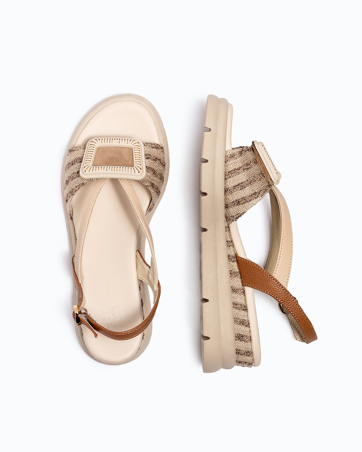 Beige, brown woven fabric and nappa leather DLS sandals with side zip, shown in a studio still life.
