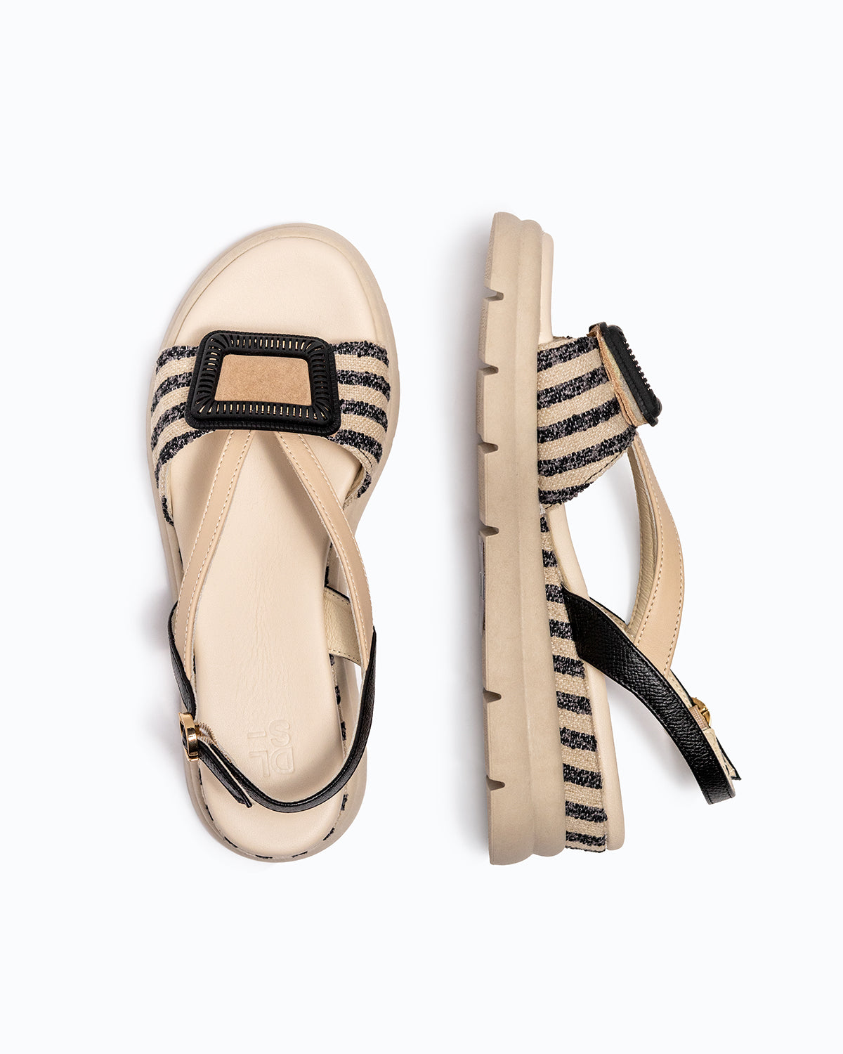 Black, beige woven fabric and nappa leather DLS sandals with side zip, shown in a studio still life.