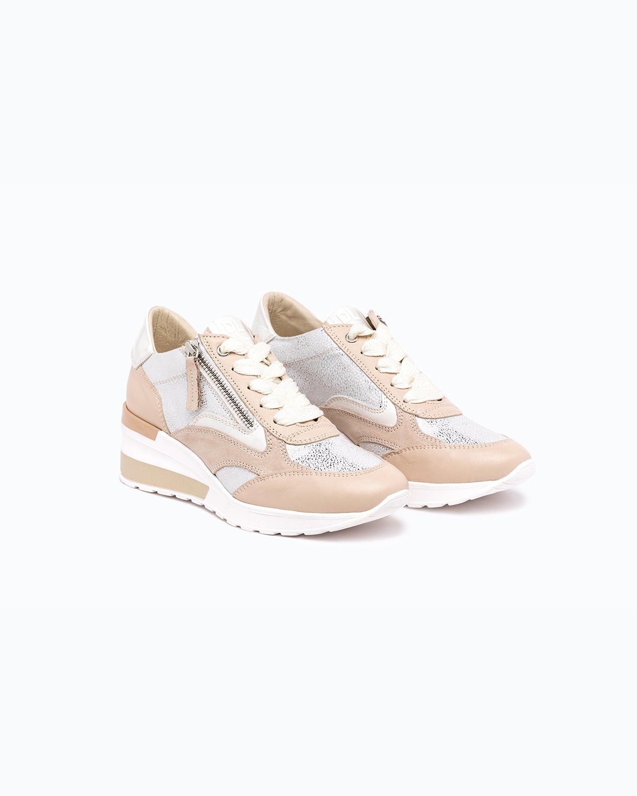 White, pink, silver nappa leather DLS sneakers, shown in a studio still life.
