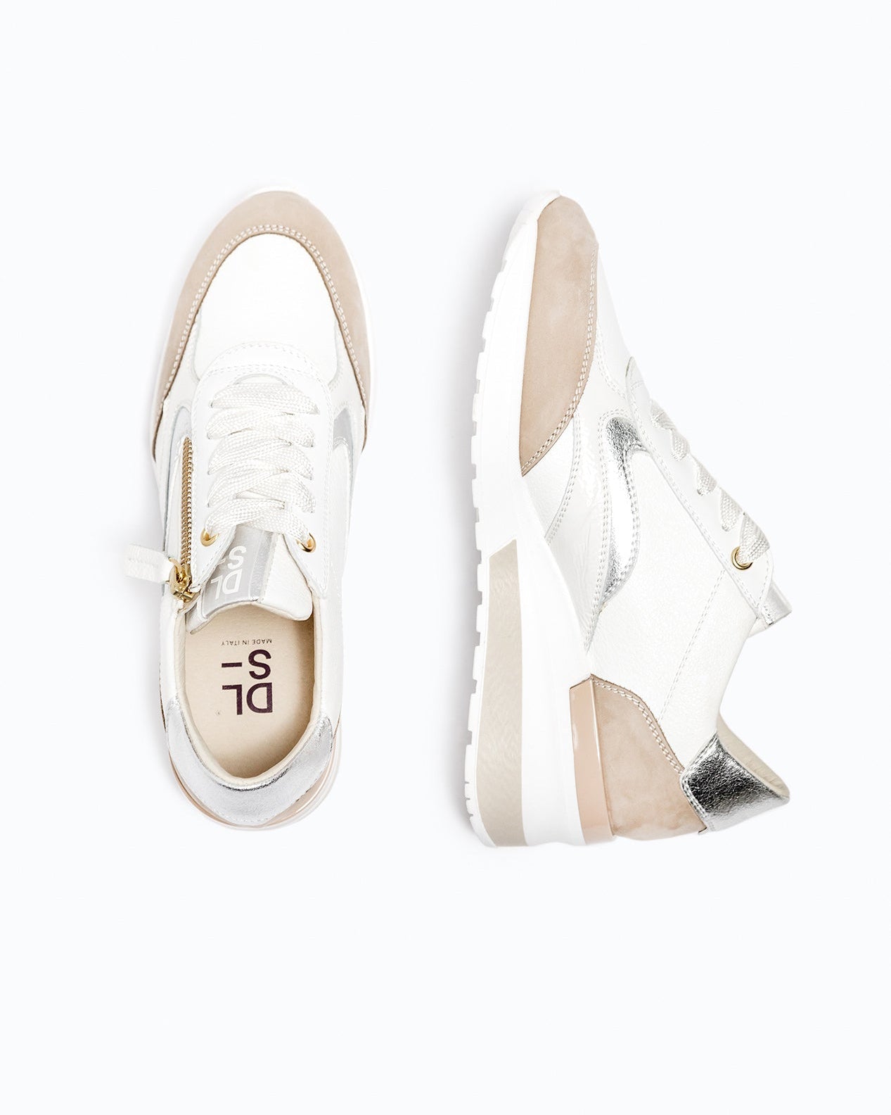 White, beige nappa leather and suede DLS sneakers, shown in a studio still life.