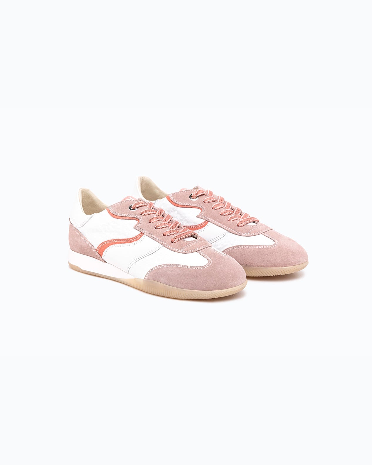 White, pink nappa leather and suede DLS sneakers, shown in a studio still life.