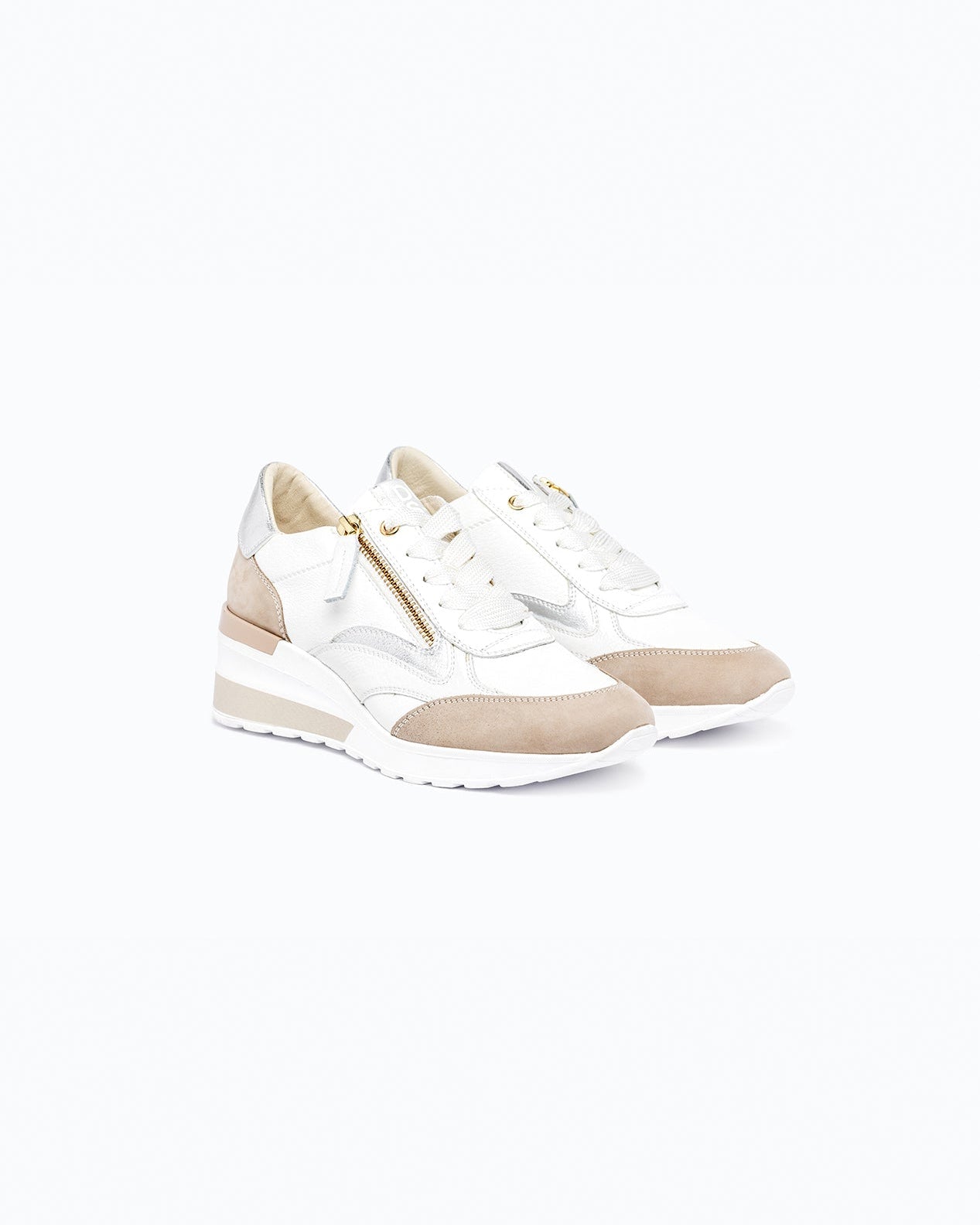 White, beige nappa leather and suede DLS sneakers, shown in a studio still life.