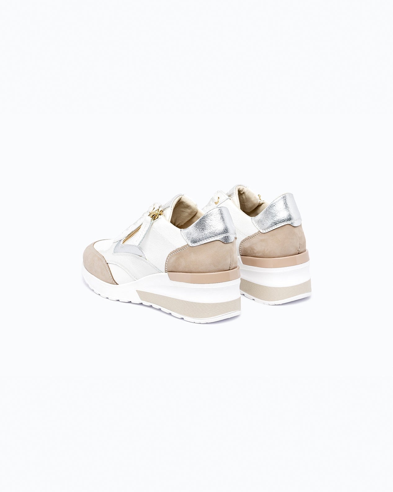 White, beige nappa leather and suede DLS sneakers, shown in a studio still life.