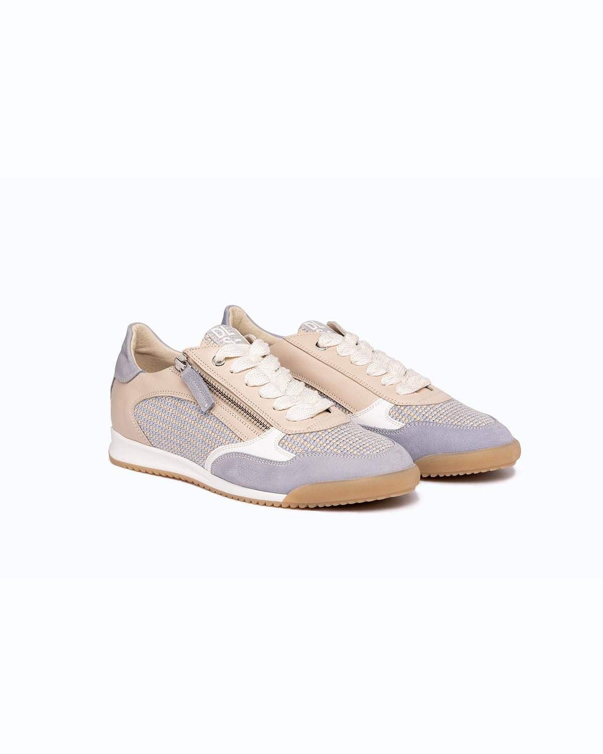Sky blue, ecru nubuck and leather DLS sneakers, shown in a studio still life.