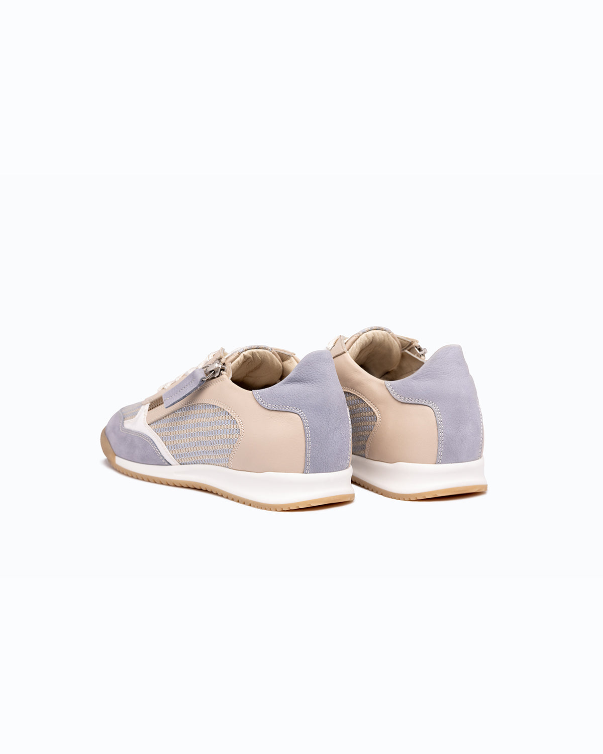 Sky blue, ecru nubuck and leather DLS sneakers, shown in a studio still life.