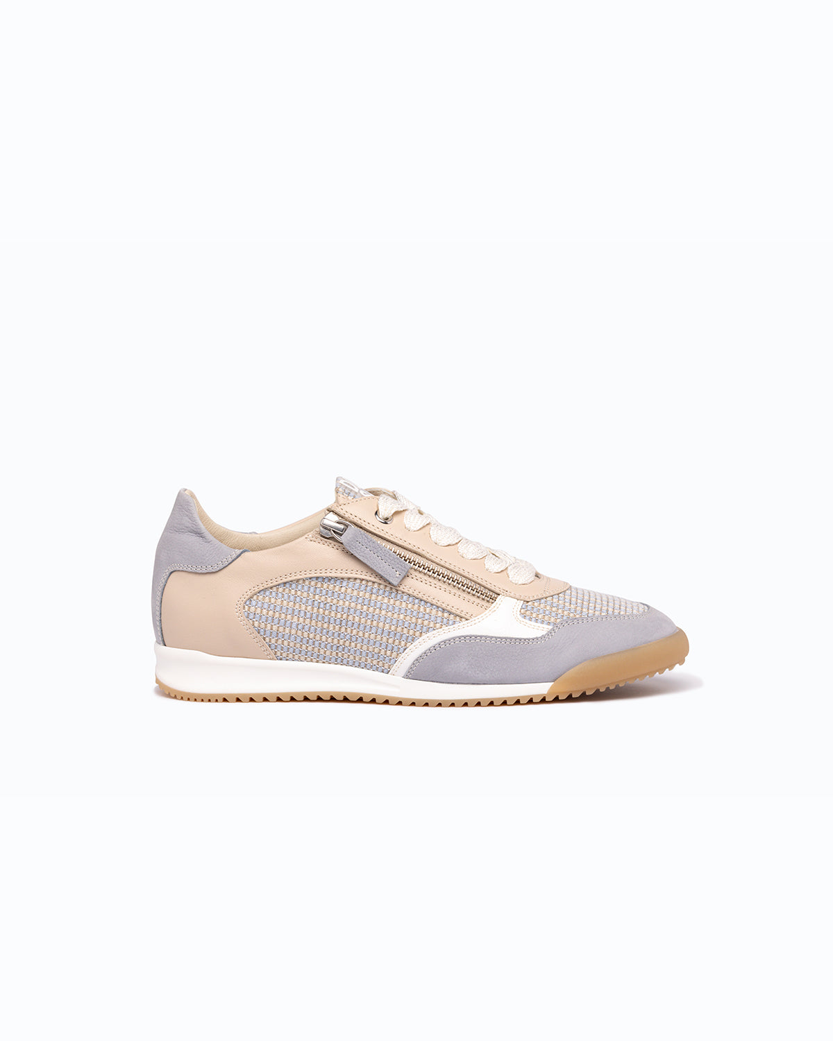 Sky blue, ecru nubuck and leather DLS sneakers, shown in a studio still life.
