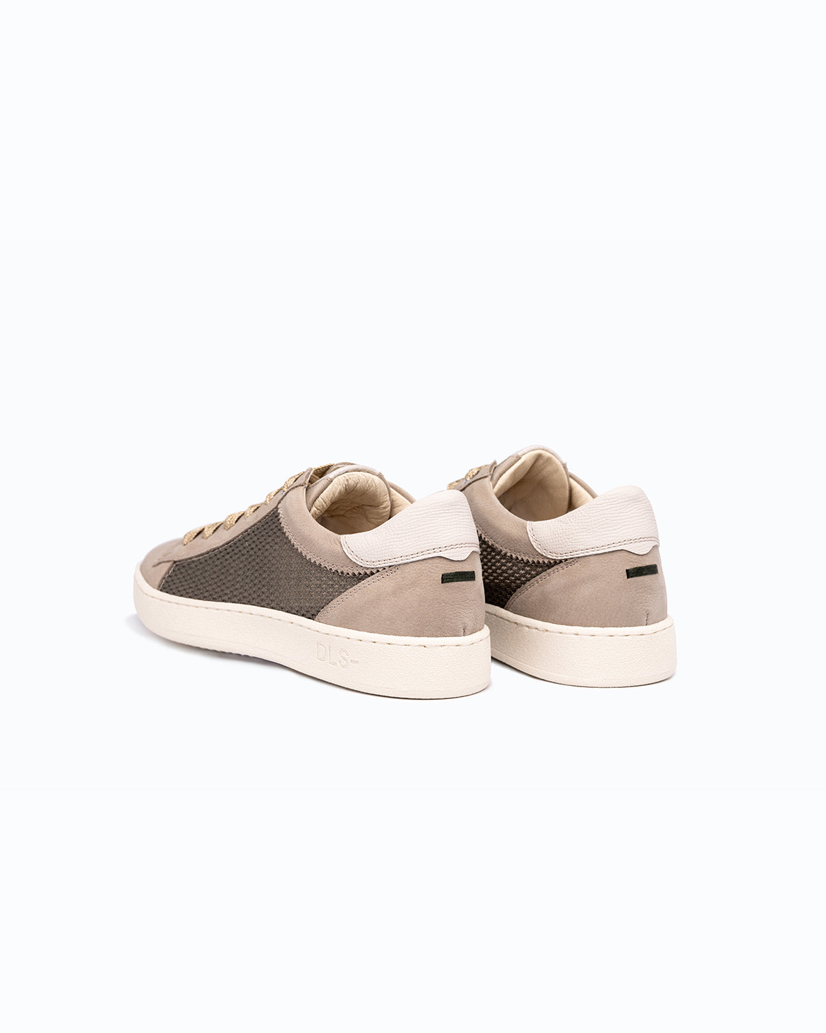 Green, grey, white nubuck and woven fabric DLS sneakers, shown in a studio still life.
