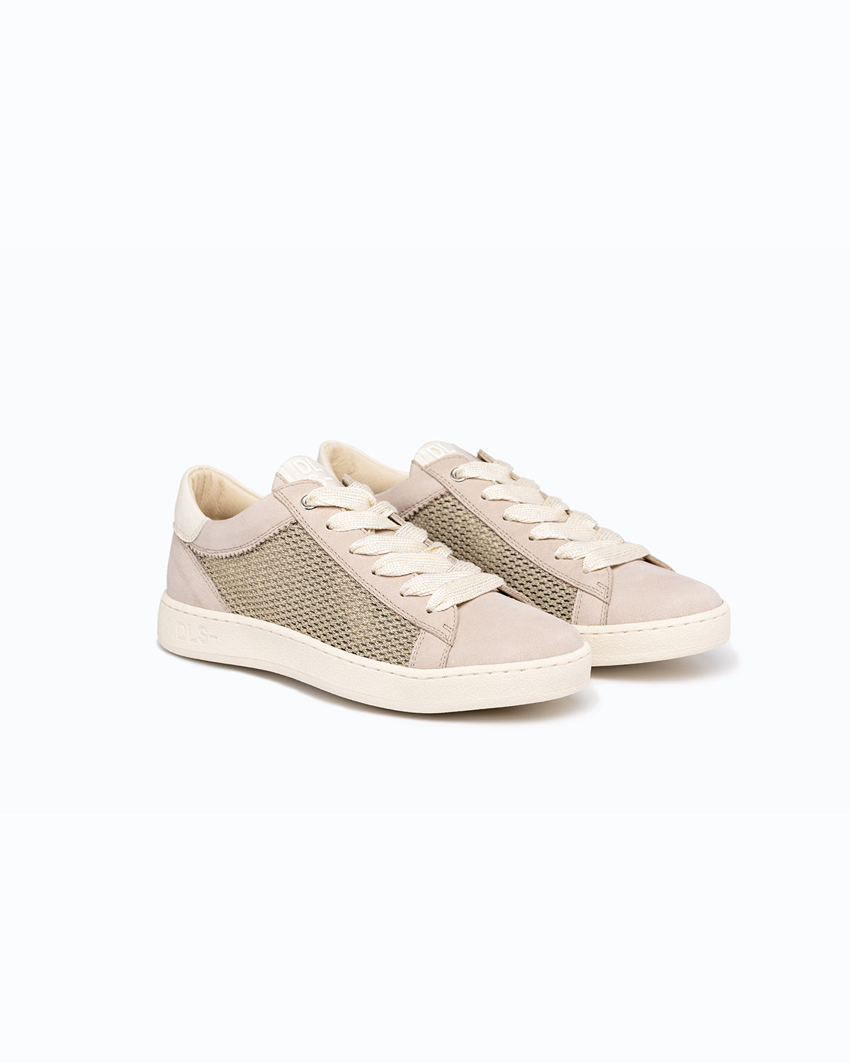 Pink, beige, stone nubuck and woven fabric DLS sneakers, shown in a studio still life.
