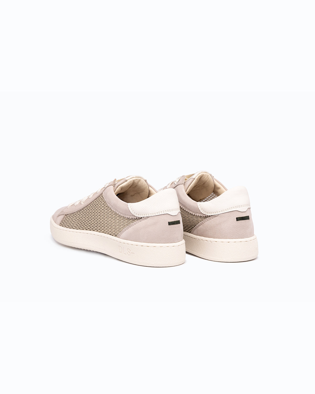 Pink, beige, stone nubuck and woven fabric DLS sneakers, shown in a studio still life.