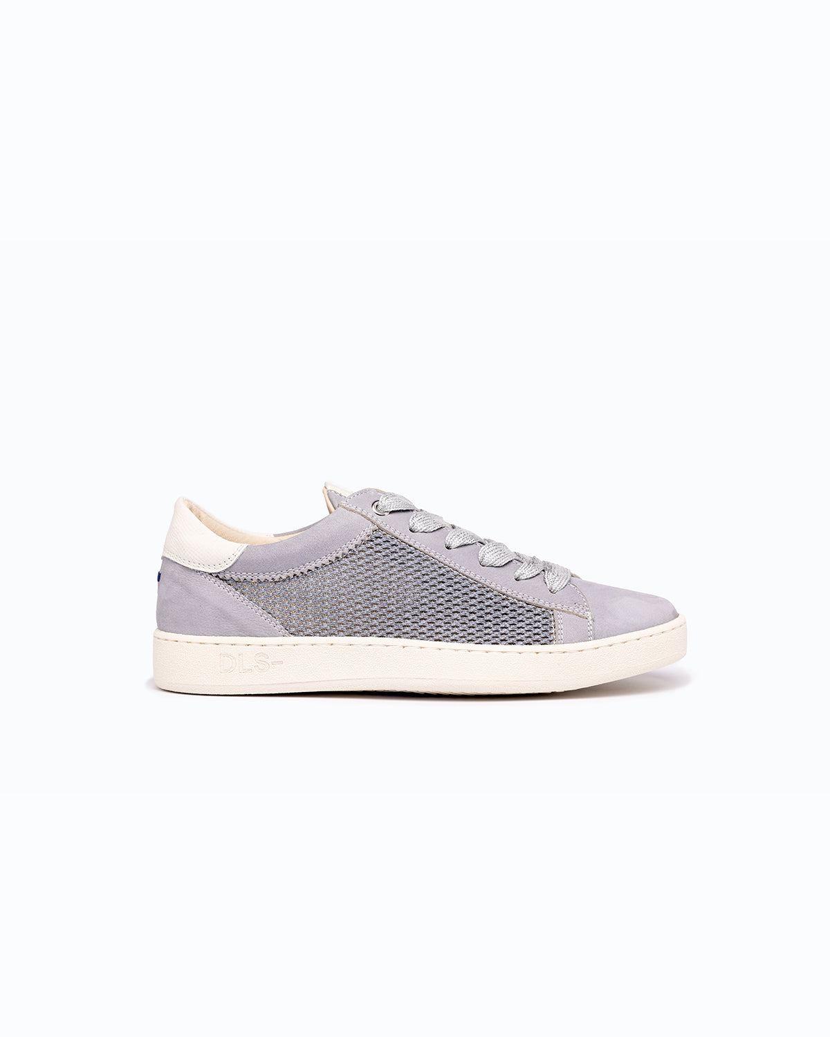 Blue, grey, white nubuck and woven fabric DLS sneakers, shown in a studio still life.
