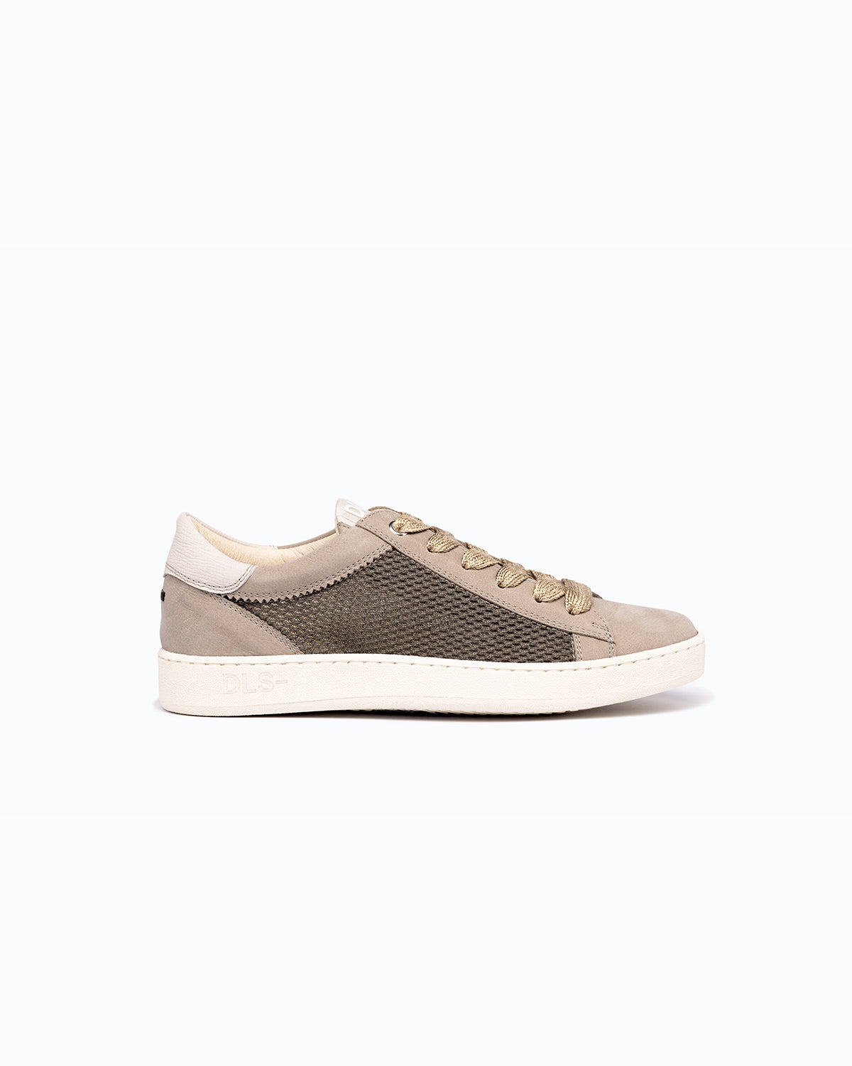 Green, grey, white nubuck and woven fabric DLS sneakers, shown in a studio still life.