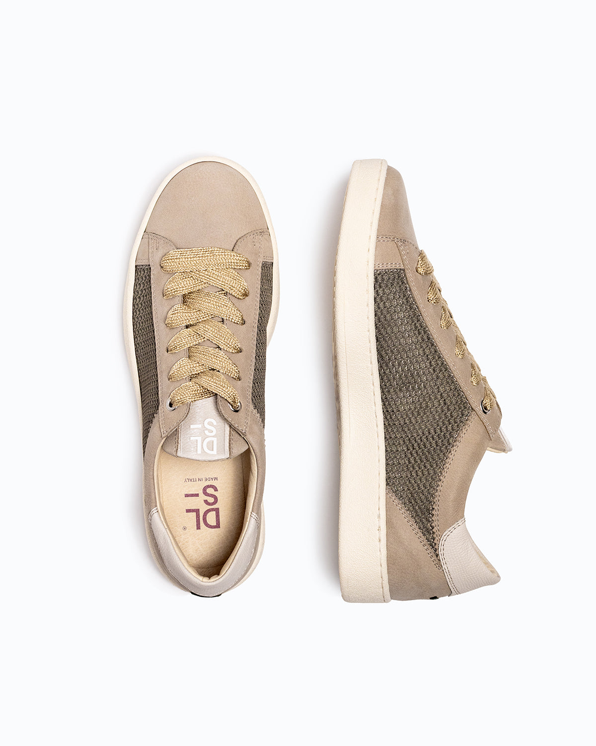 Green, grey, white nubuck and woven fabric DLS sneakers, shown in a studio still life.