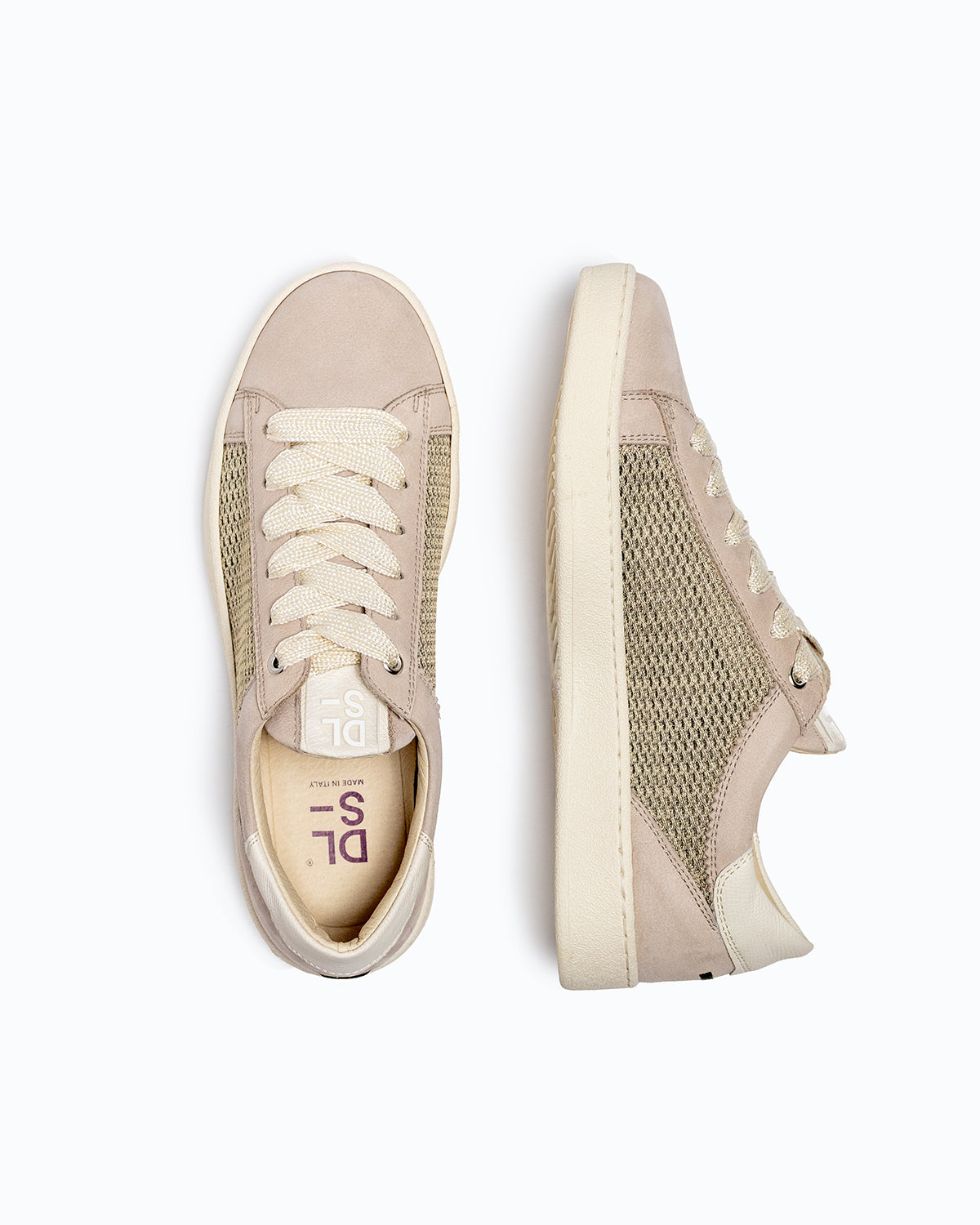 Pink, beige, stone nubuck and woven fabric DLS sneakers, shown in a studio still life.