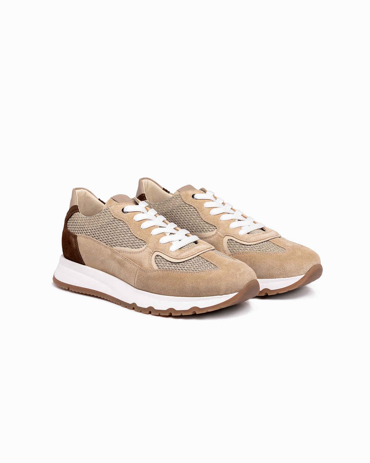 Brown, beige velour DLS sneakers, shown in a studio still life.