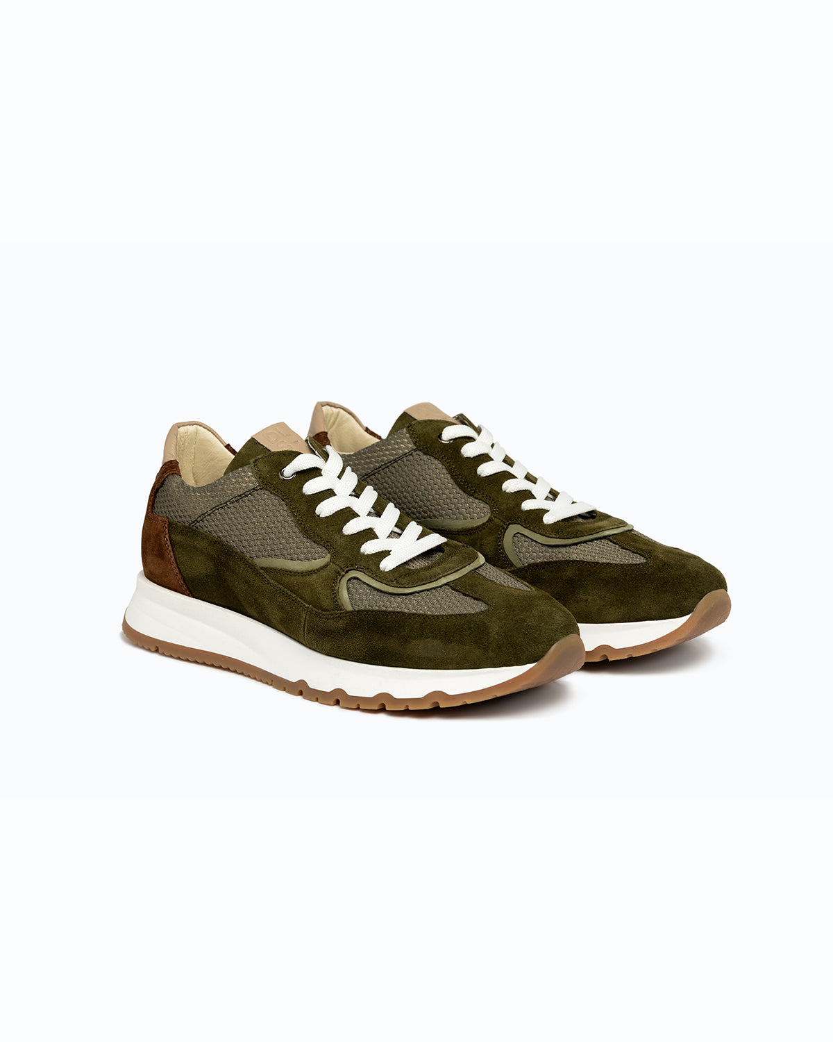 Green, brown, beige velour DLS sneakers, shown in a studio still life.