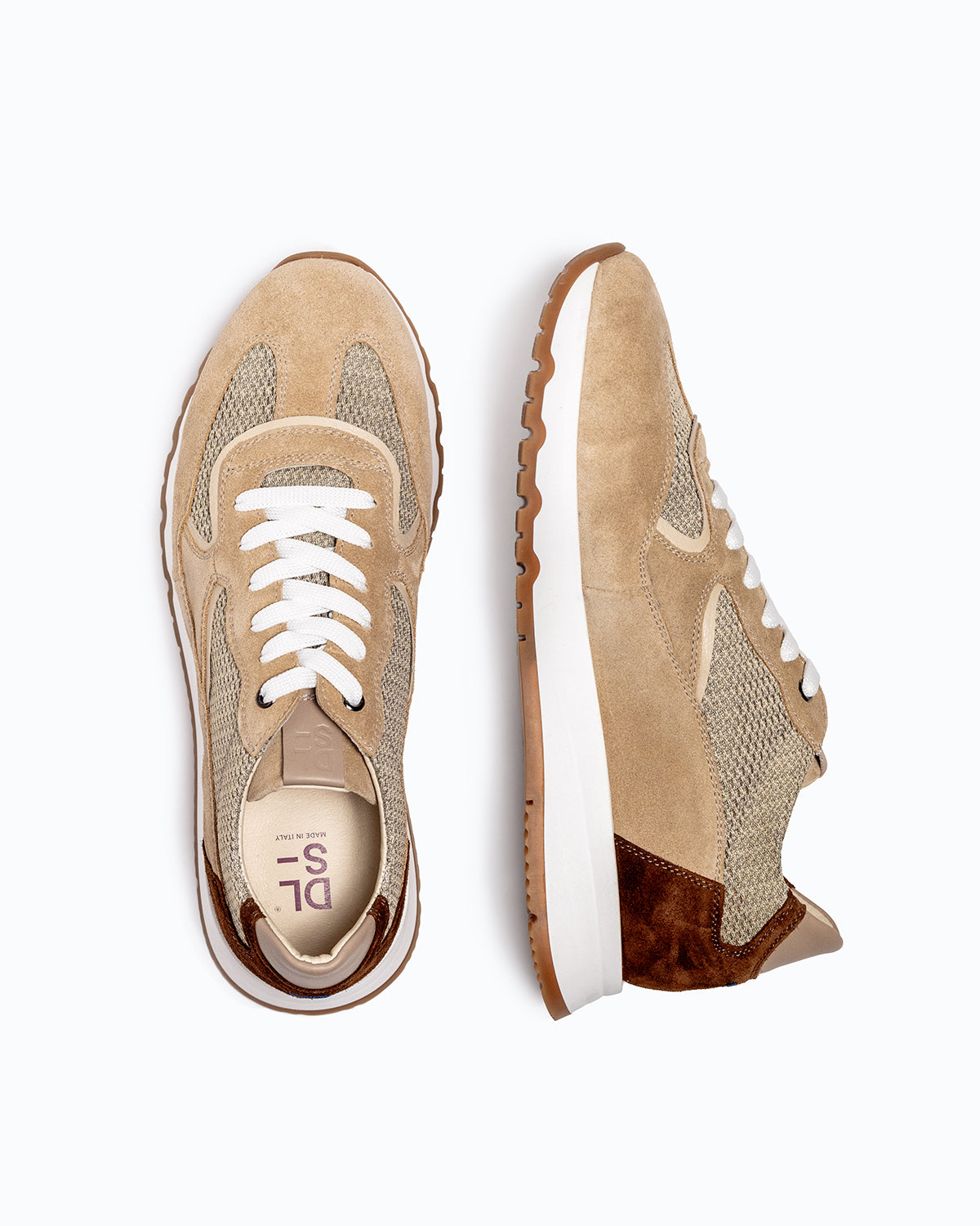 Brown, beige velour DLS sneakers, shown in a studio still life.