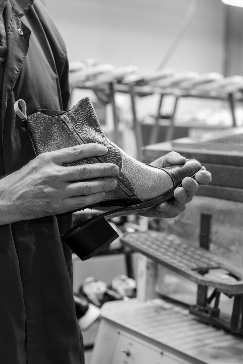 A craftsman working on a shoe that is changing the sole 