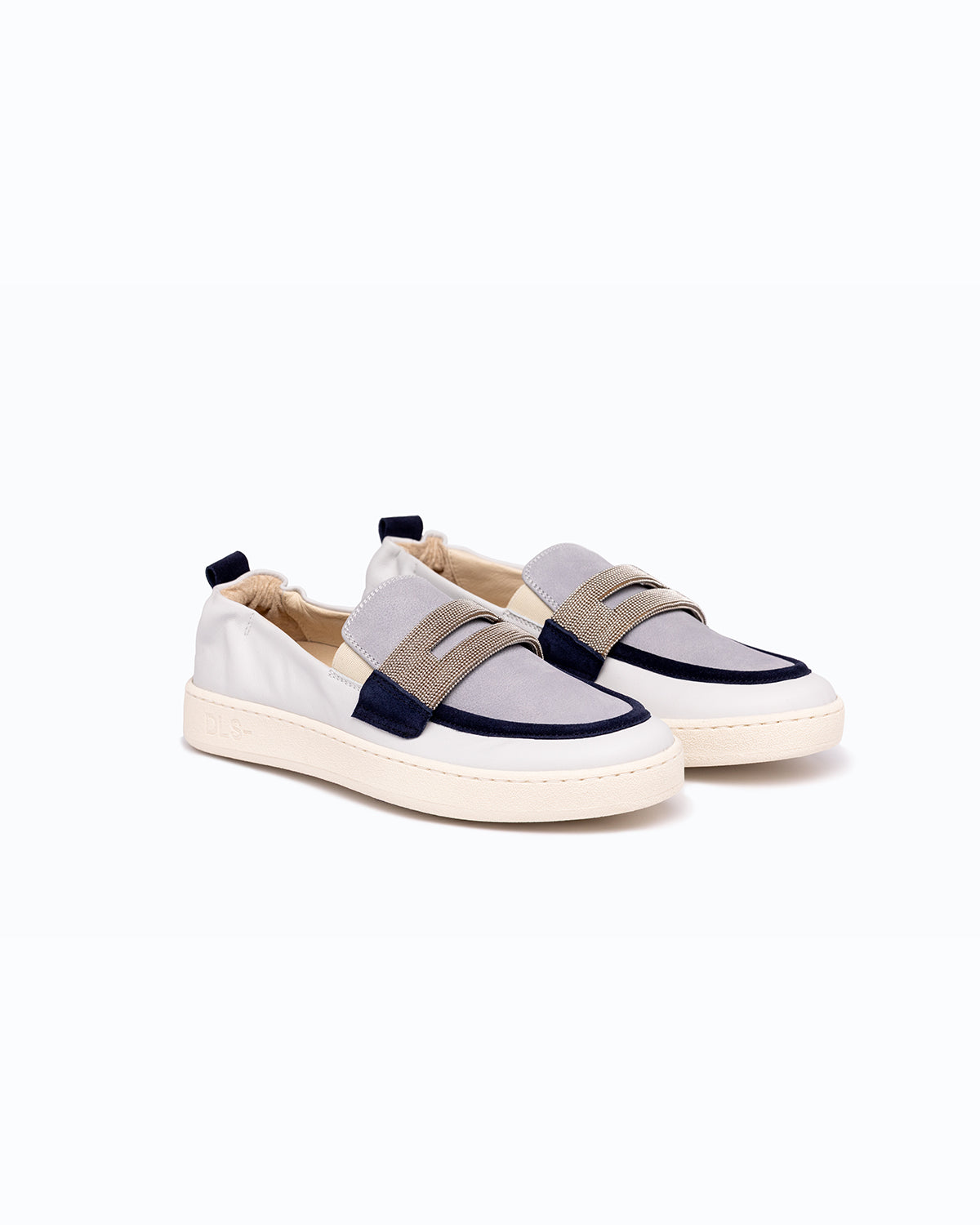 Off-white, sky blue, navy nappa leather and nubuck DLS loafers, shown in a studio still life.
