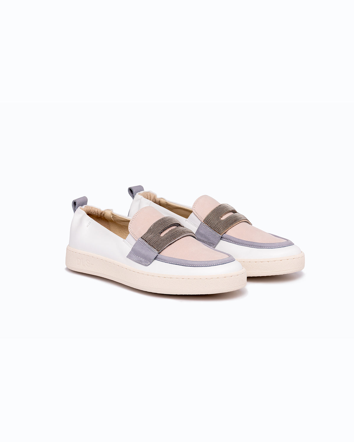 White, pink, blue nappa leather and nubuck DLS loafers, shown in a studio still life.