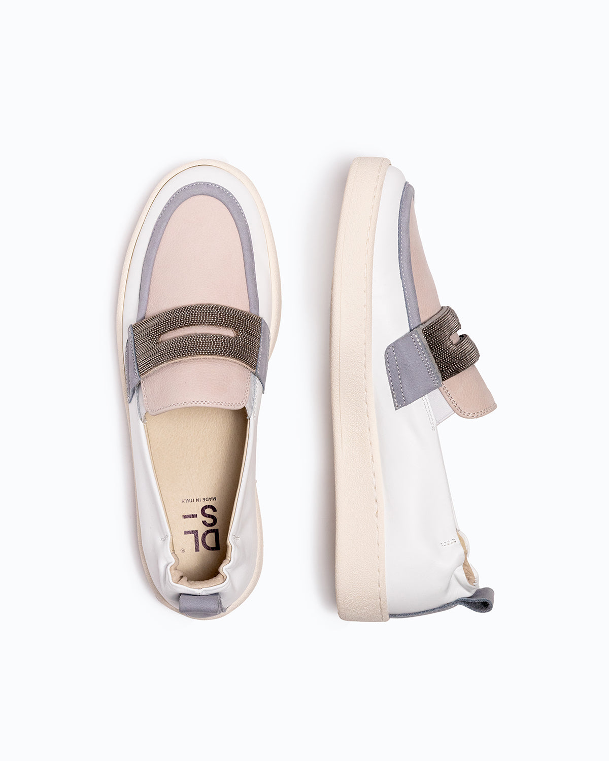 White, pink, blue nappa leather and nubuck DLS loafers, shown in a studio still life.