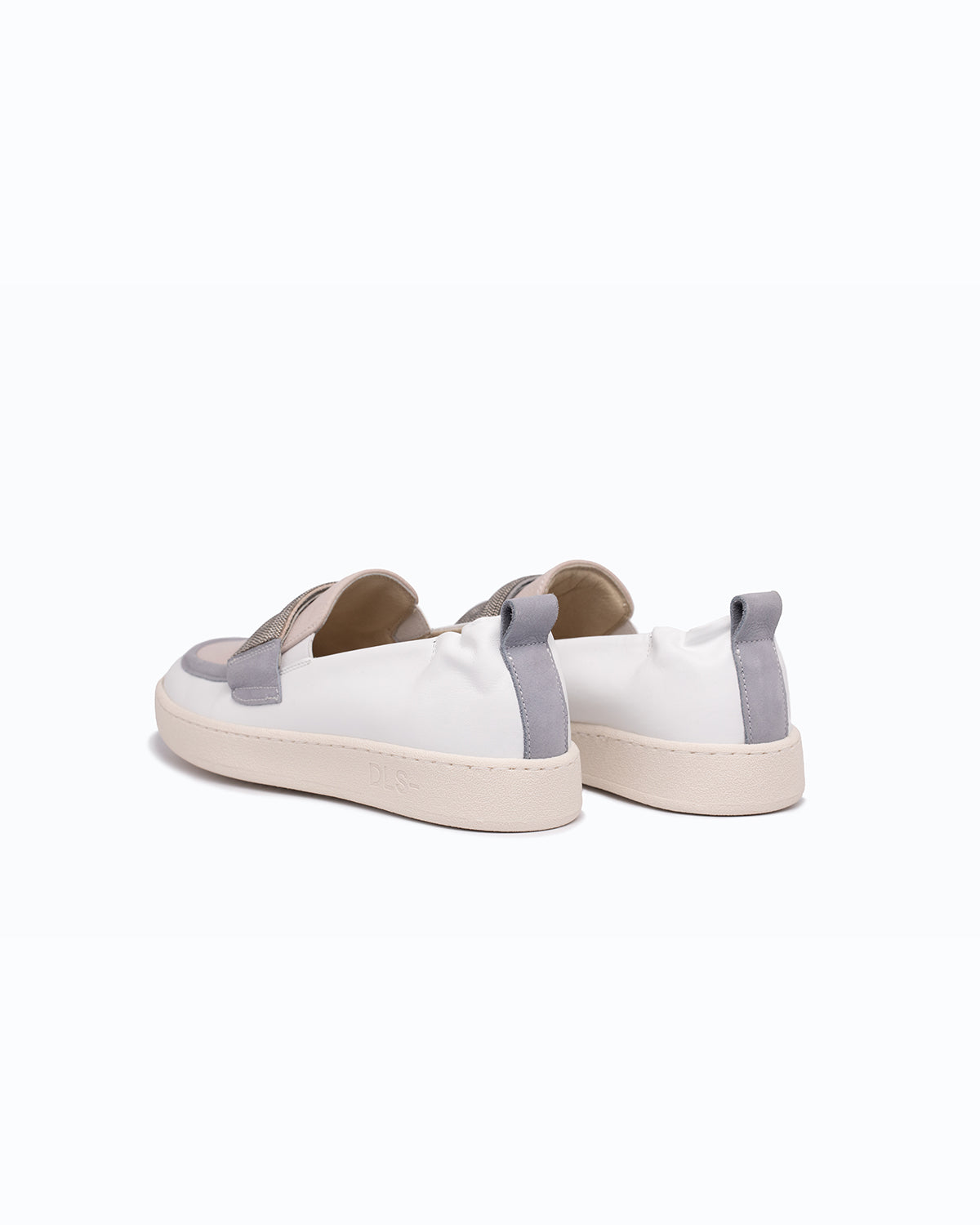 White, pink, blue nappa leather and nubuck DLS loafers, shown in a studio still life.