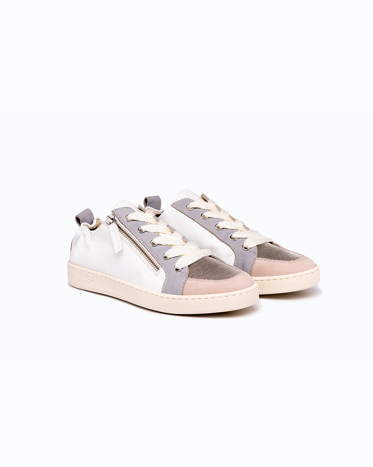 Off-white, grey, pink nappa leather and nubuck DLS sneakers, shown in a studio still life.
