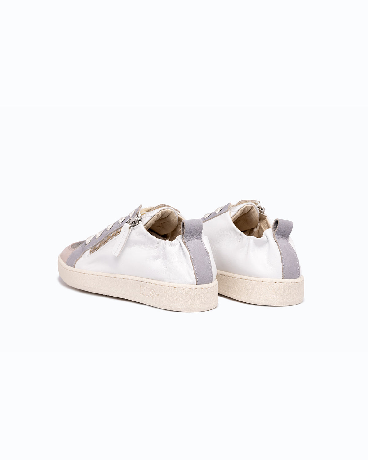 Off-white, grey, pink nappa leather and nubuck DLS sneakers, shown in a studio still life.