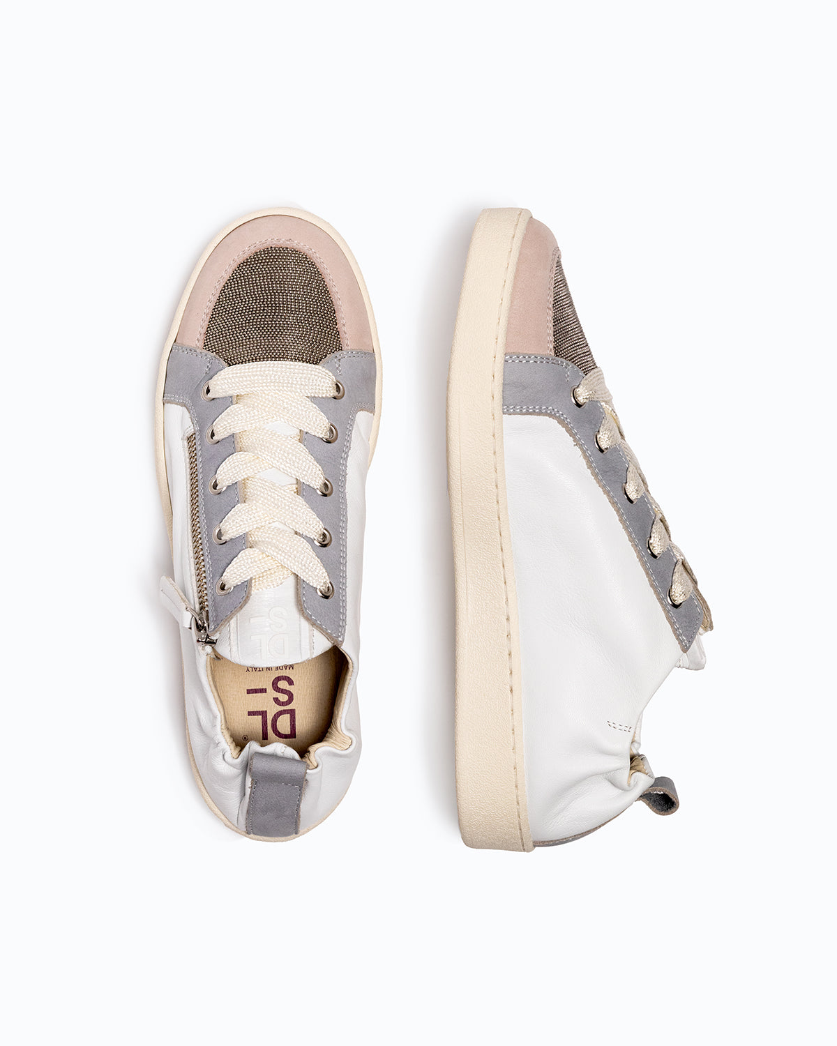 Off-white, grey, pink nappa leather and nubuck DLS sneakers, shown in a studio still life.
