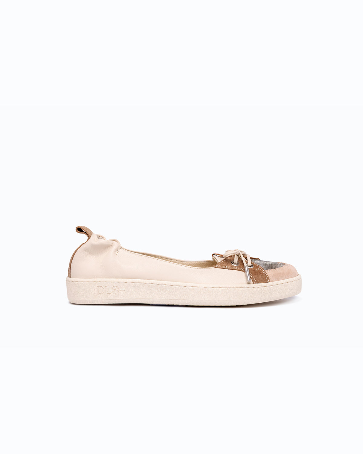 Off-white, beige, silver nappa leather and velour DLS ballet flats, shown in a studio still life.
