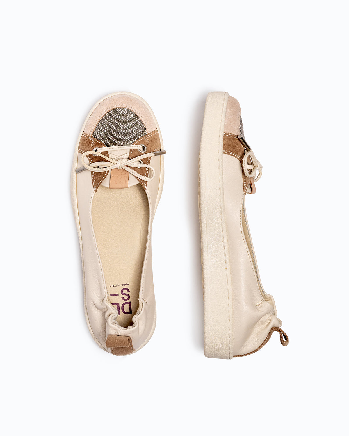 Off-white, beige, silver nappa leather and velour DLS ballet flats, shown in a studio still life.