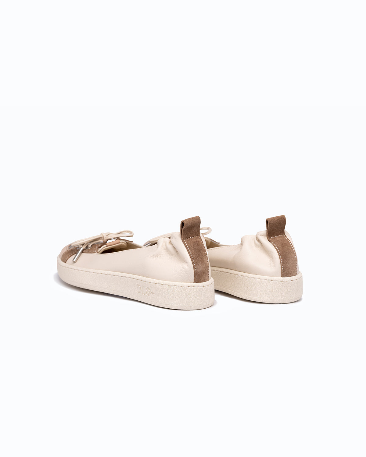 Off-white, beige, silver nappa leather and velour DLS ballet flats, shown in a studio still life.