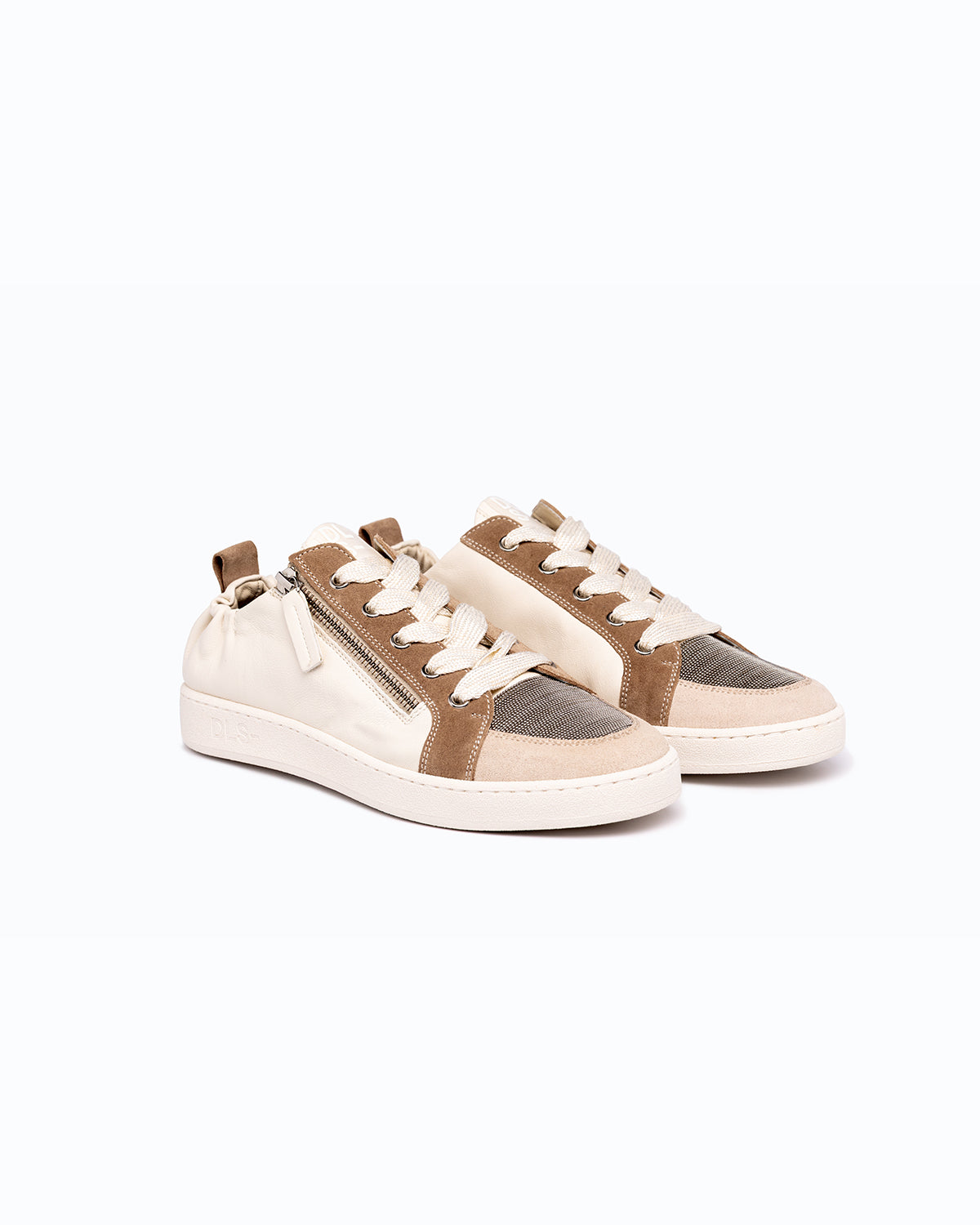 Off-white, silver nappa leather and velour DLS sneakers, shown in a studio still life.