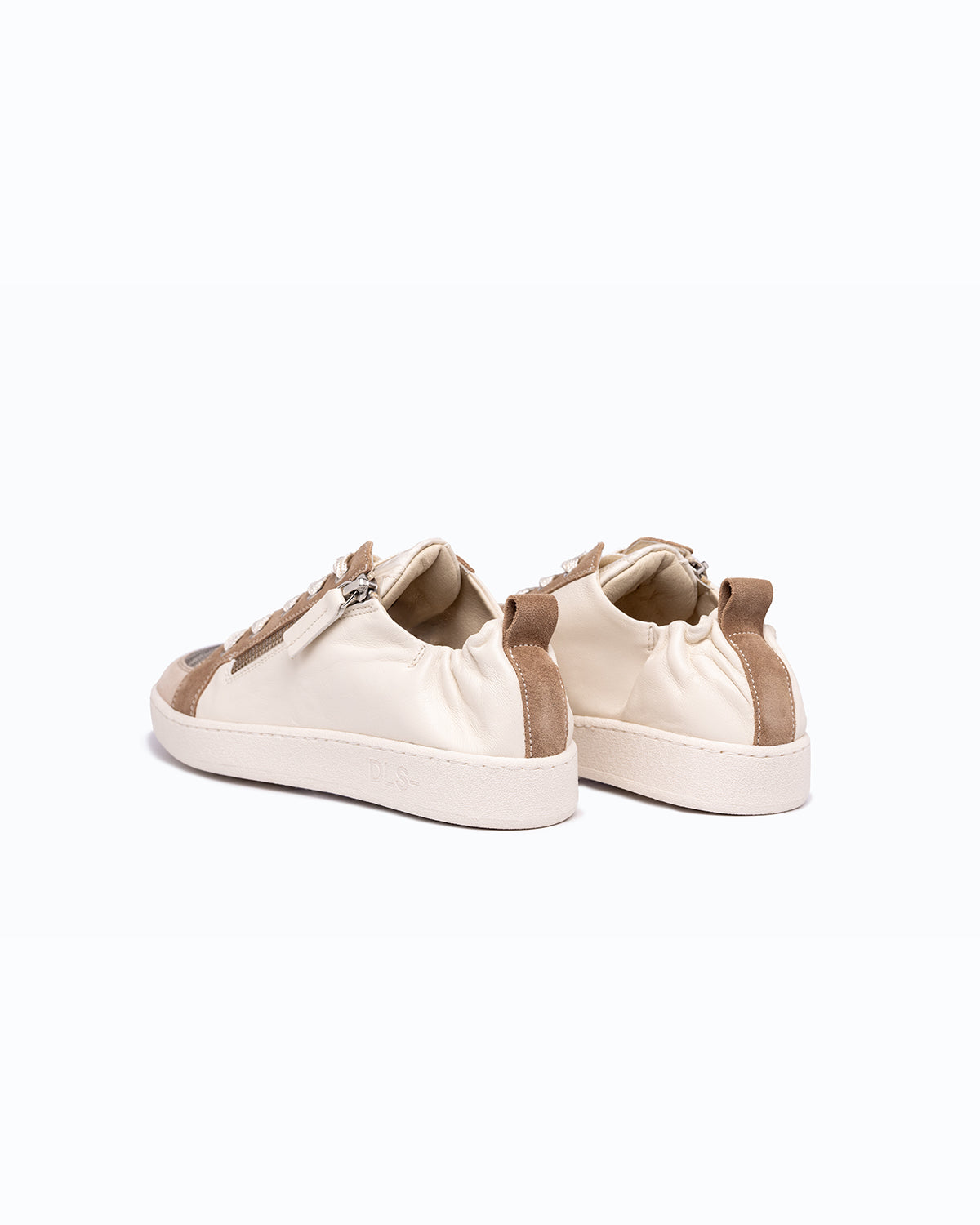 Off-white, silver nappa leather and velour DLS sneakers, shown in a studio still life.