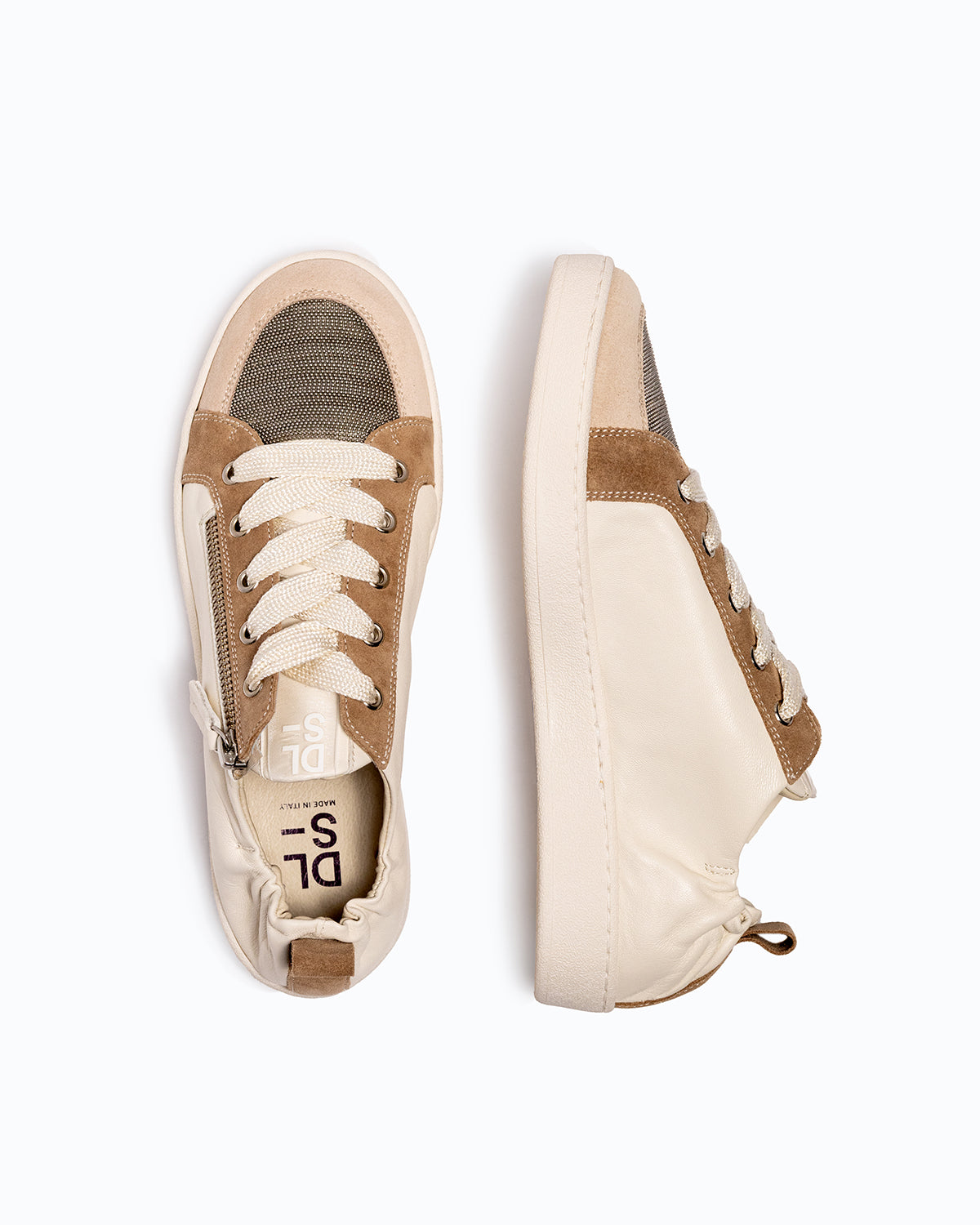 Off-white, silver nappa leather and velour DLS sneakers, shown in a studio still life.